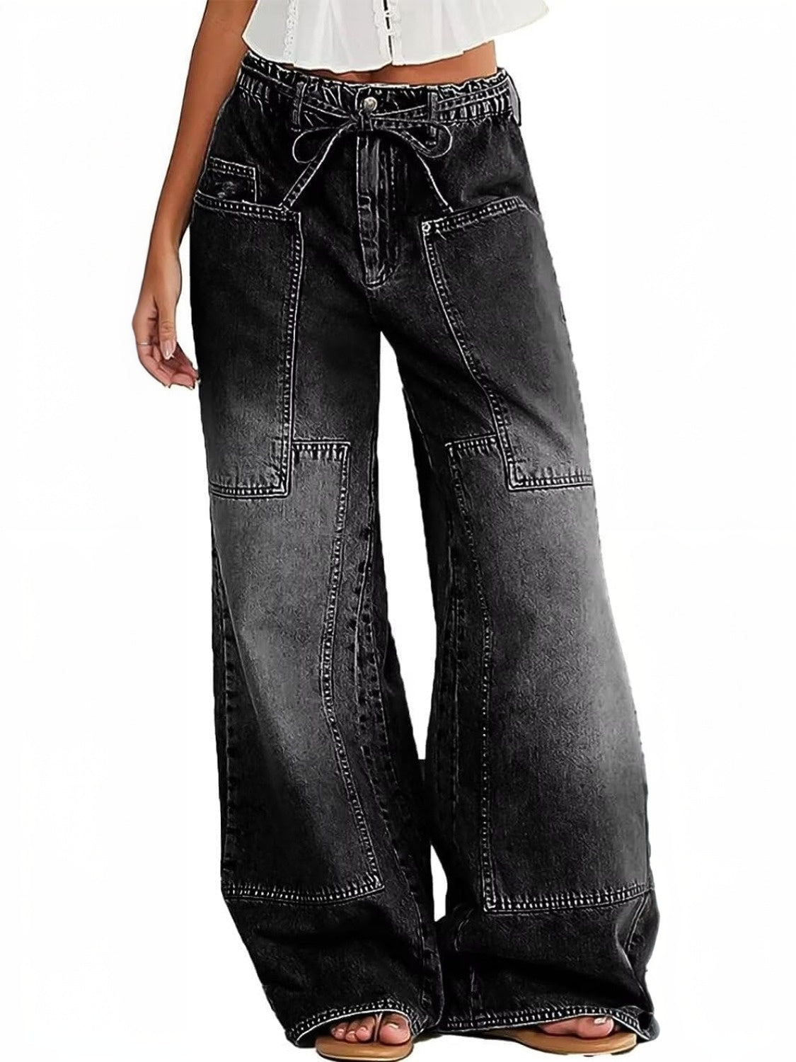 Ezapine Wide Leg Baggy Jeans With Belt