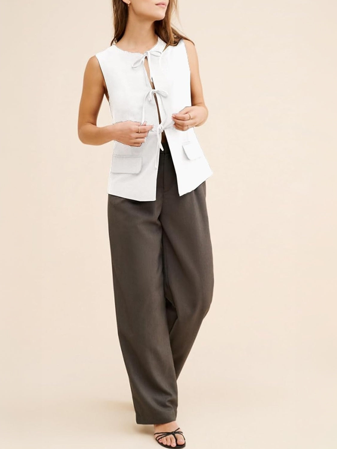 Ladyful Sleeveless Tie Front Blazer Vest