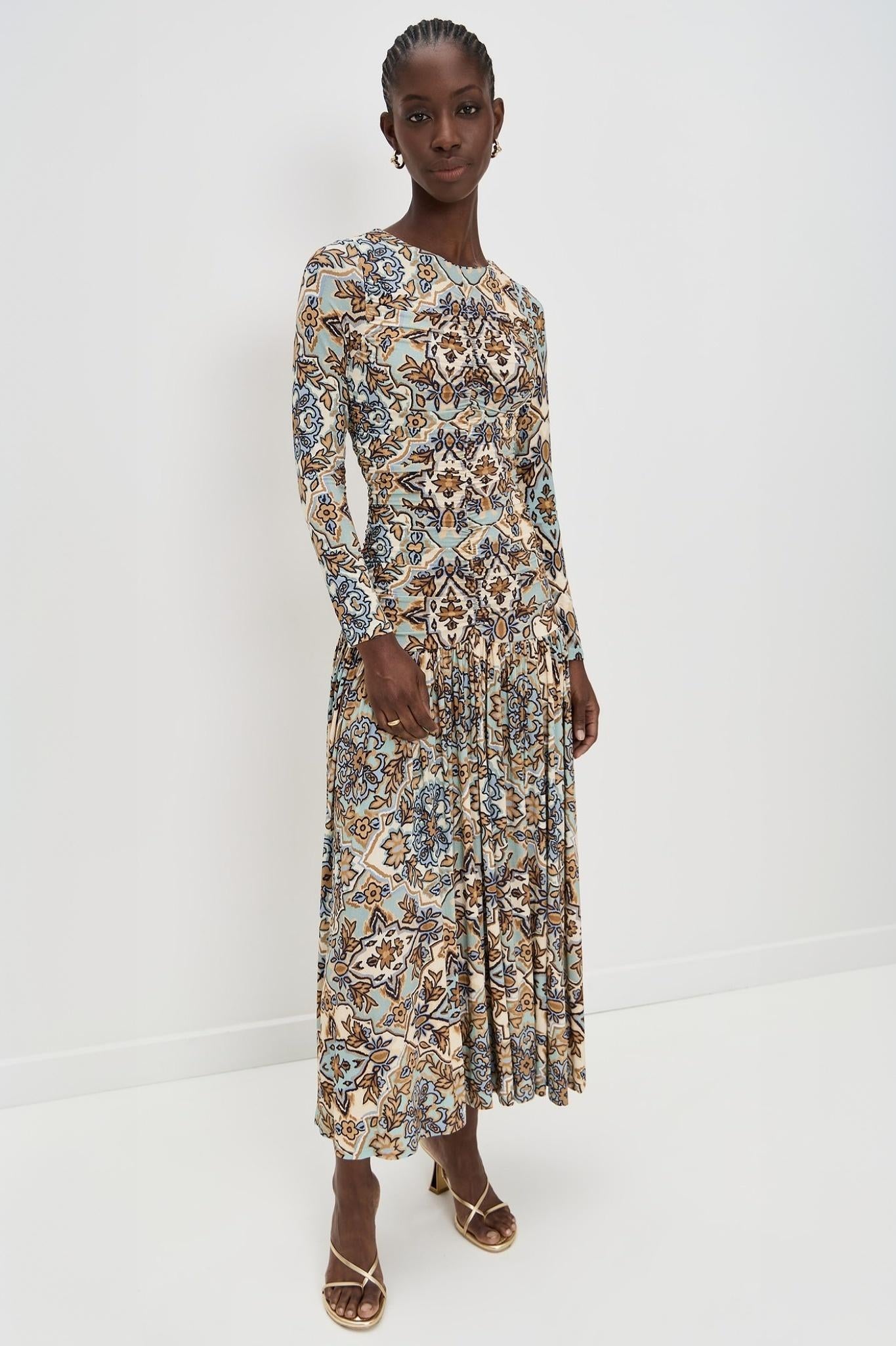 Ezabutus Bohemian Print Long Sleeve Maxi Dress With Ruched Bodice