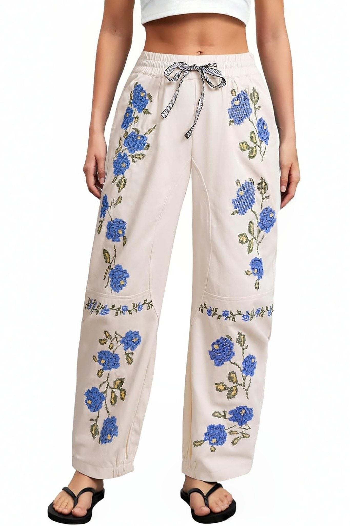Kedera Boho Floral Embroidered Drawstring Pants – Blue or Red Bloom Linen Trousers