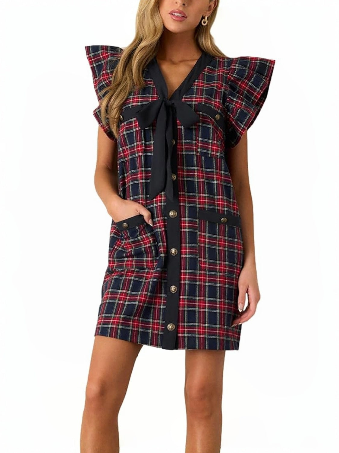 Lifeshe Bow Front Ruffle Sleeve Plaid Shift Dress With Pockets