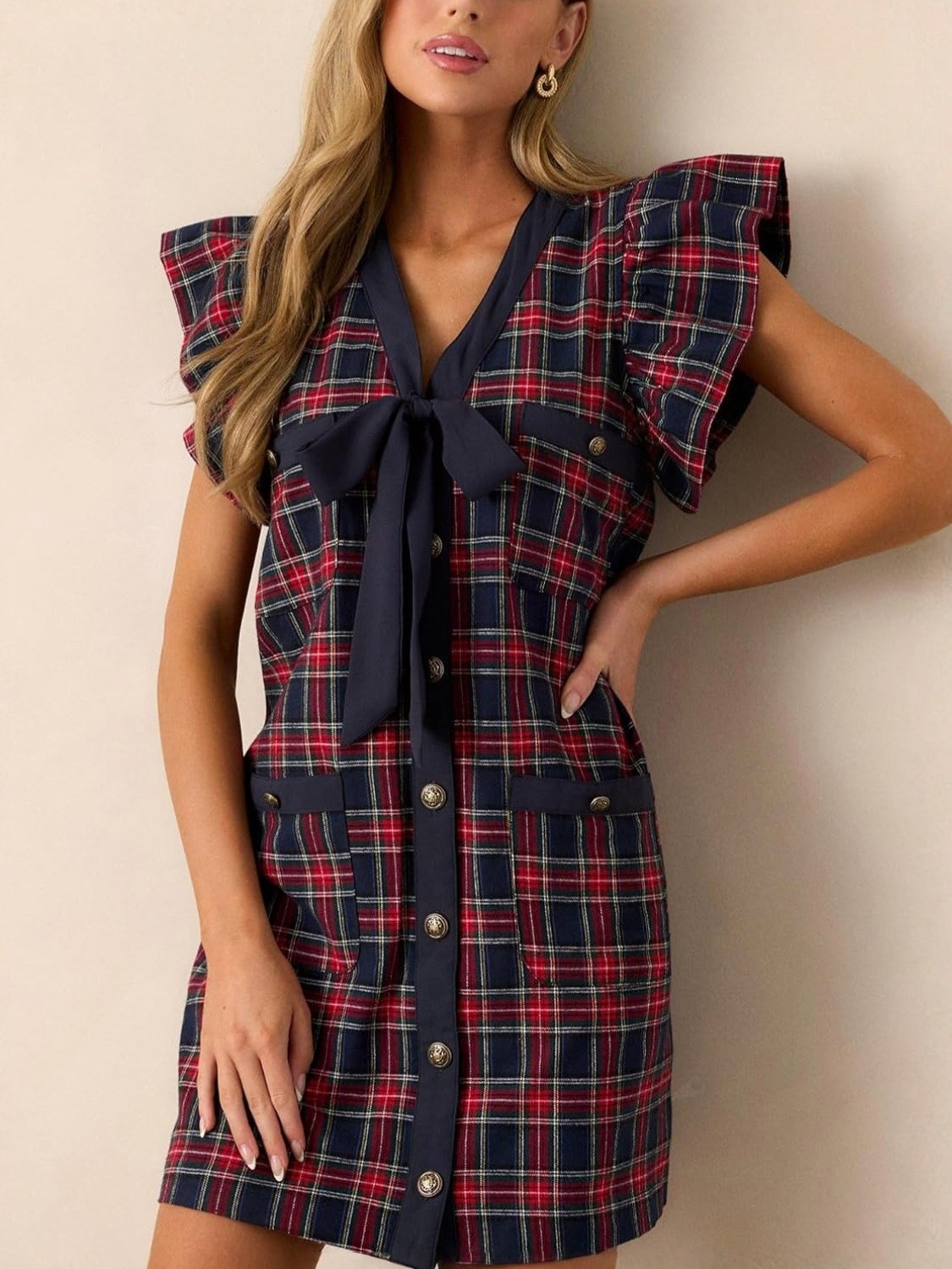 Lifeshe Bow Front Ruffle Sleeve Plaid Shift Dress With Pockets