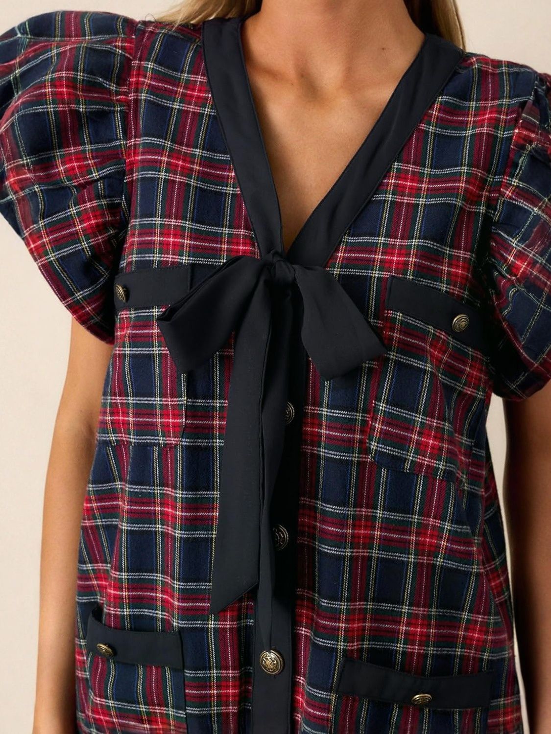 Lifeshe Bow Front Ruffle Sleeve Plaid Shift Dress With Pockets