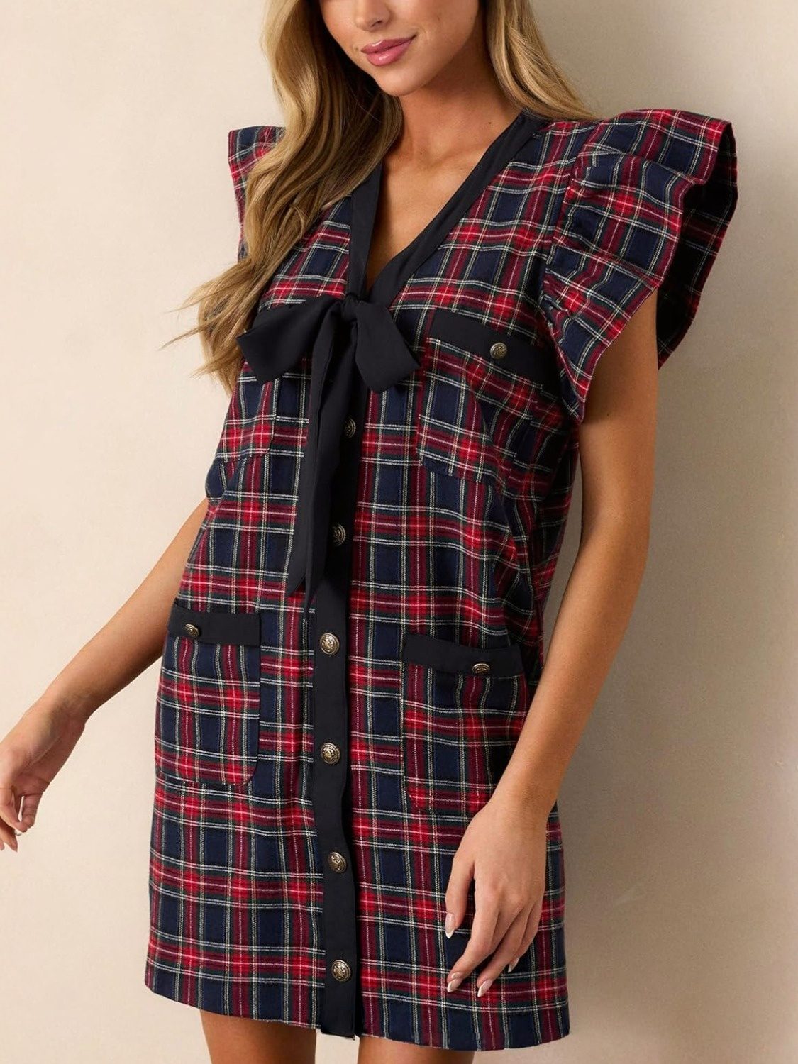 Lifeshe Bow Front Ruffle Sleeve Plaid Shift Dress With Pockets