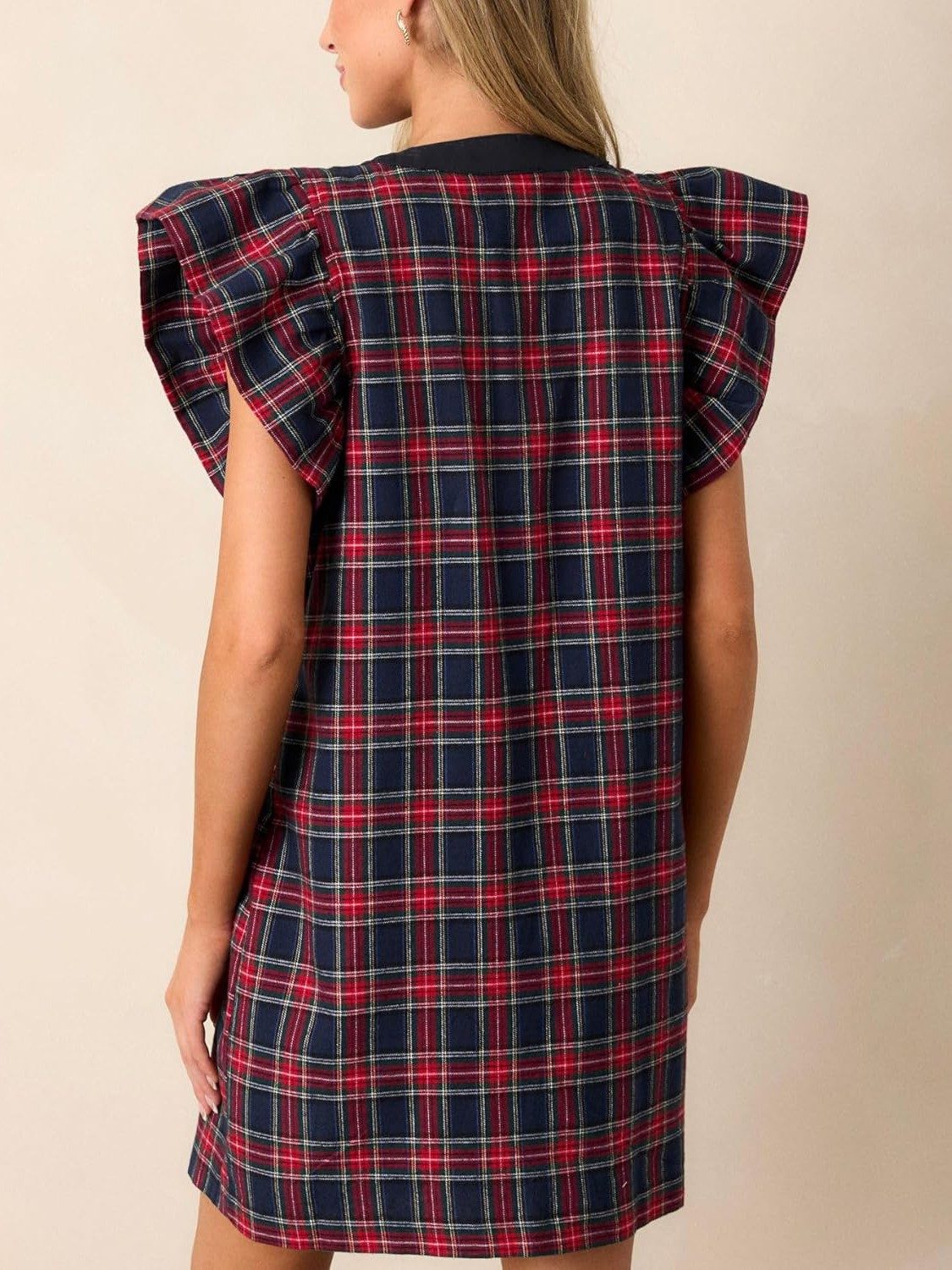Lifeshe Bow Front Ruffle Sleeve Plaid Shift Dress With Pockets