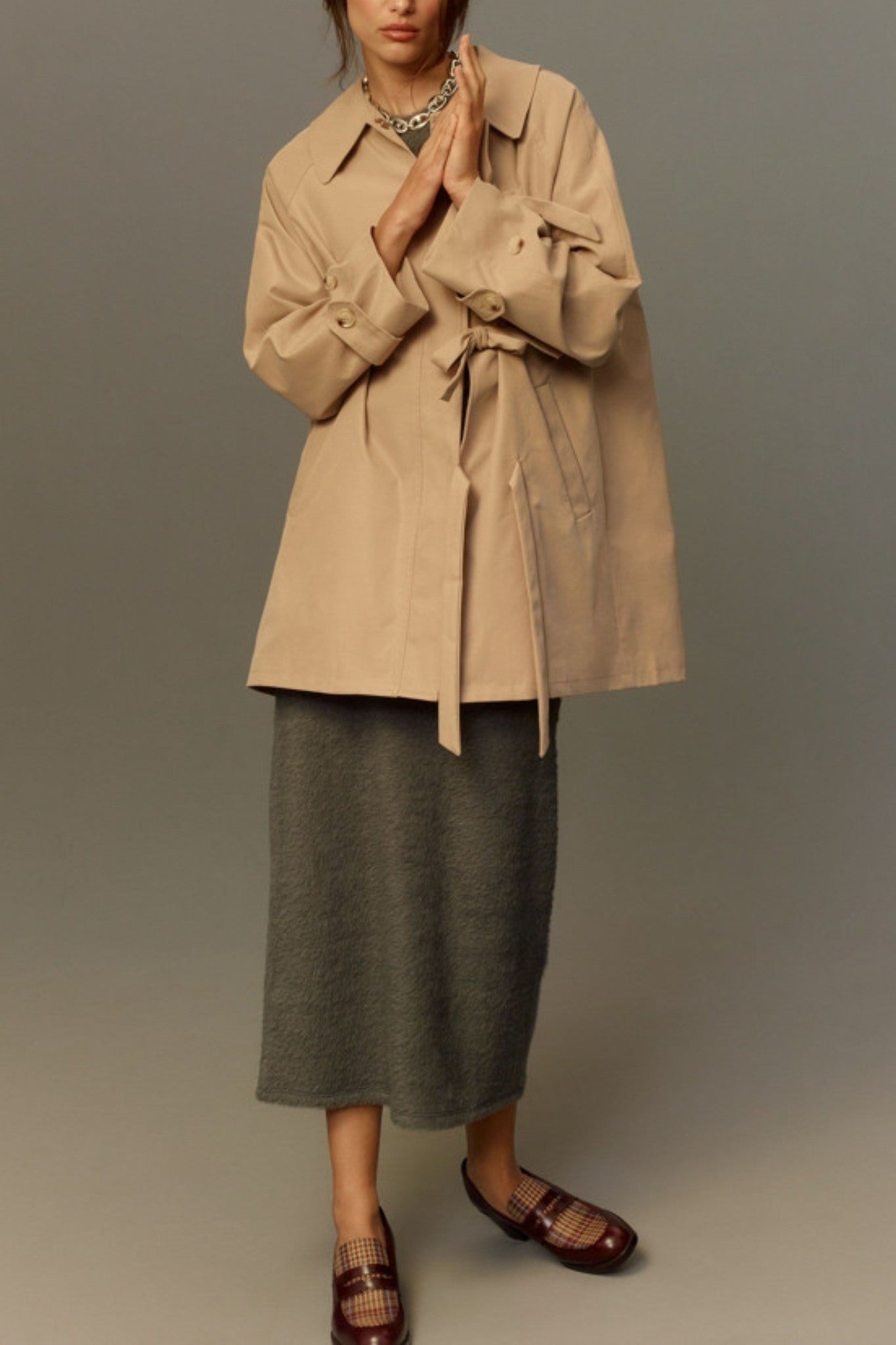 Kedera Chic Beige Bow Tie Trench Cape Coat