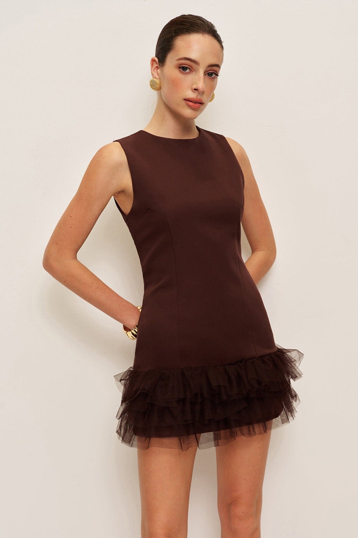 Ezabutus Brown Sleeveless Mini Dress With Layered Tulle Hem