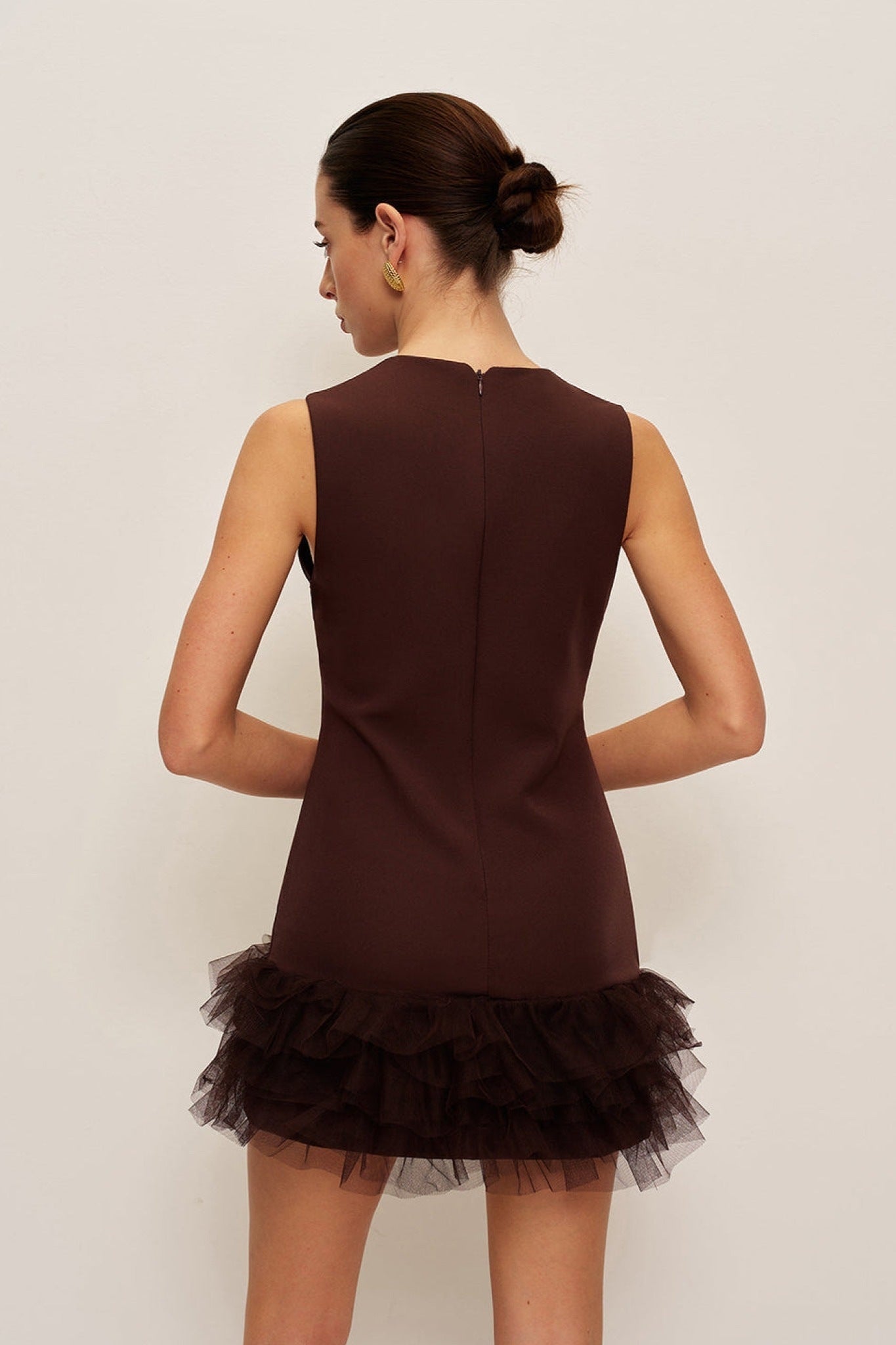 Ezabutus Brown Sleeveless Mini Dress With Layered Tulle Hem