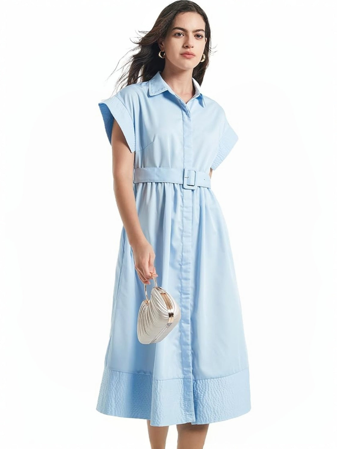 Ezapine Button Front Midi Dress With Belt