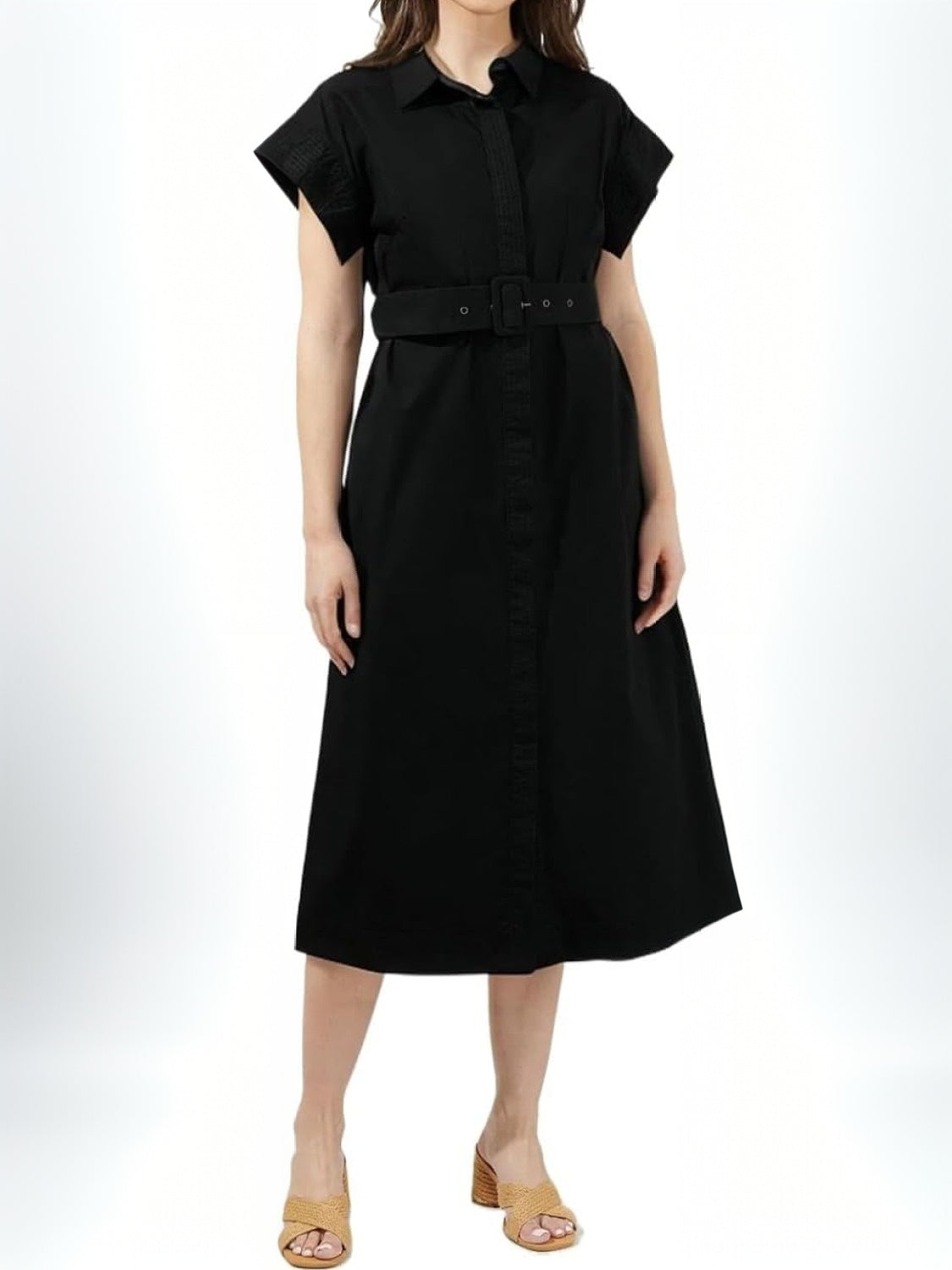 Ezapine Button Front Midi Dress With Belt