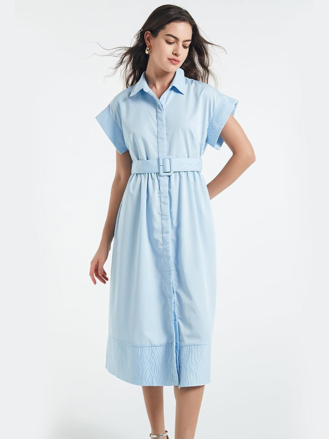 Ezapine Button Front Midi Dress With Belt