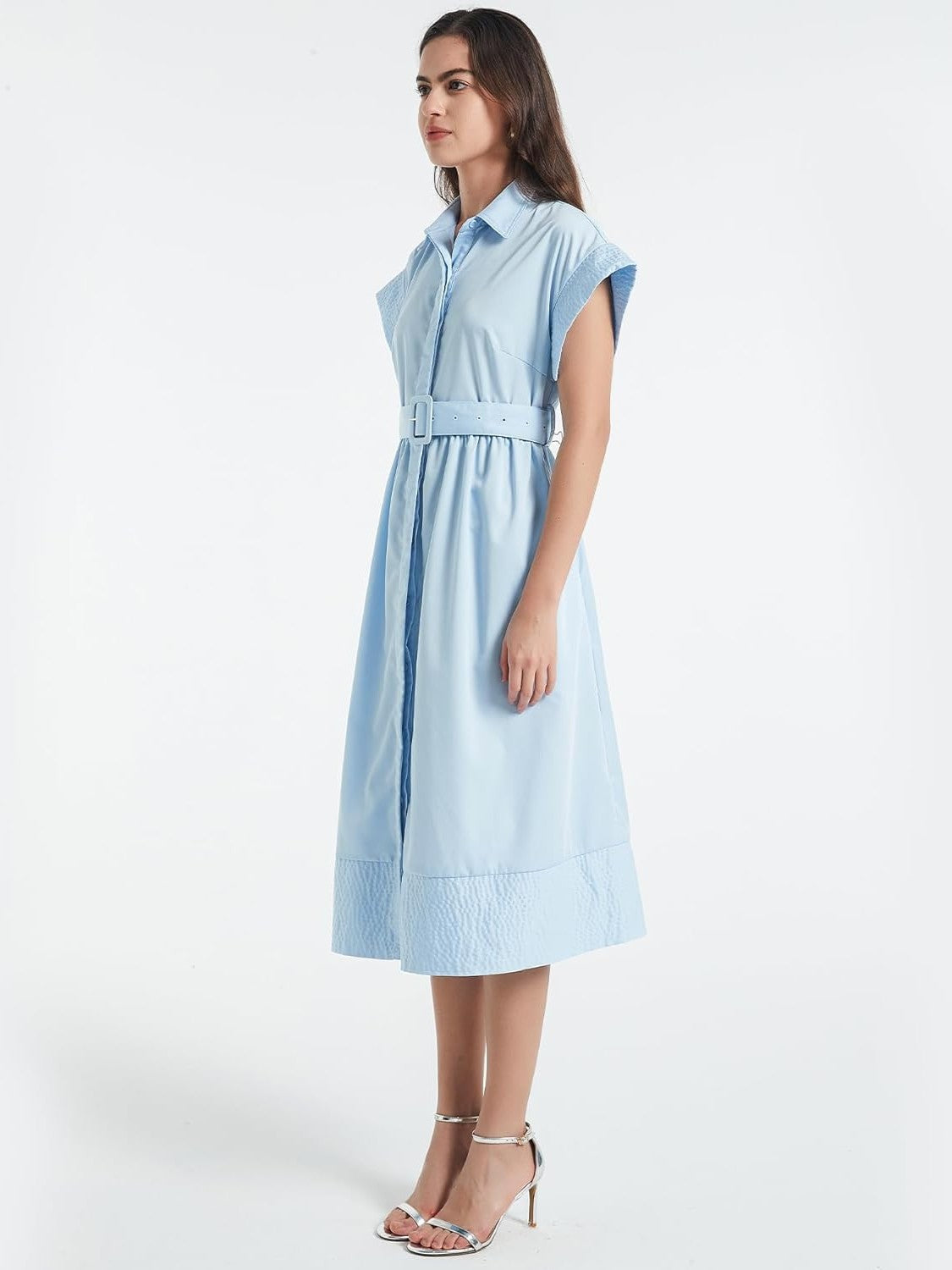 Ezapine Button Front Midi Dress With Belt