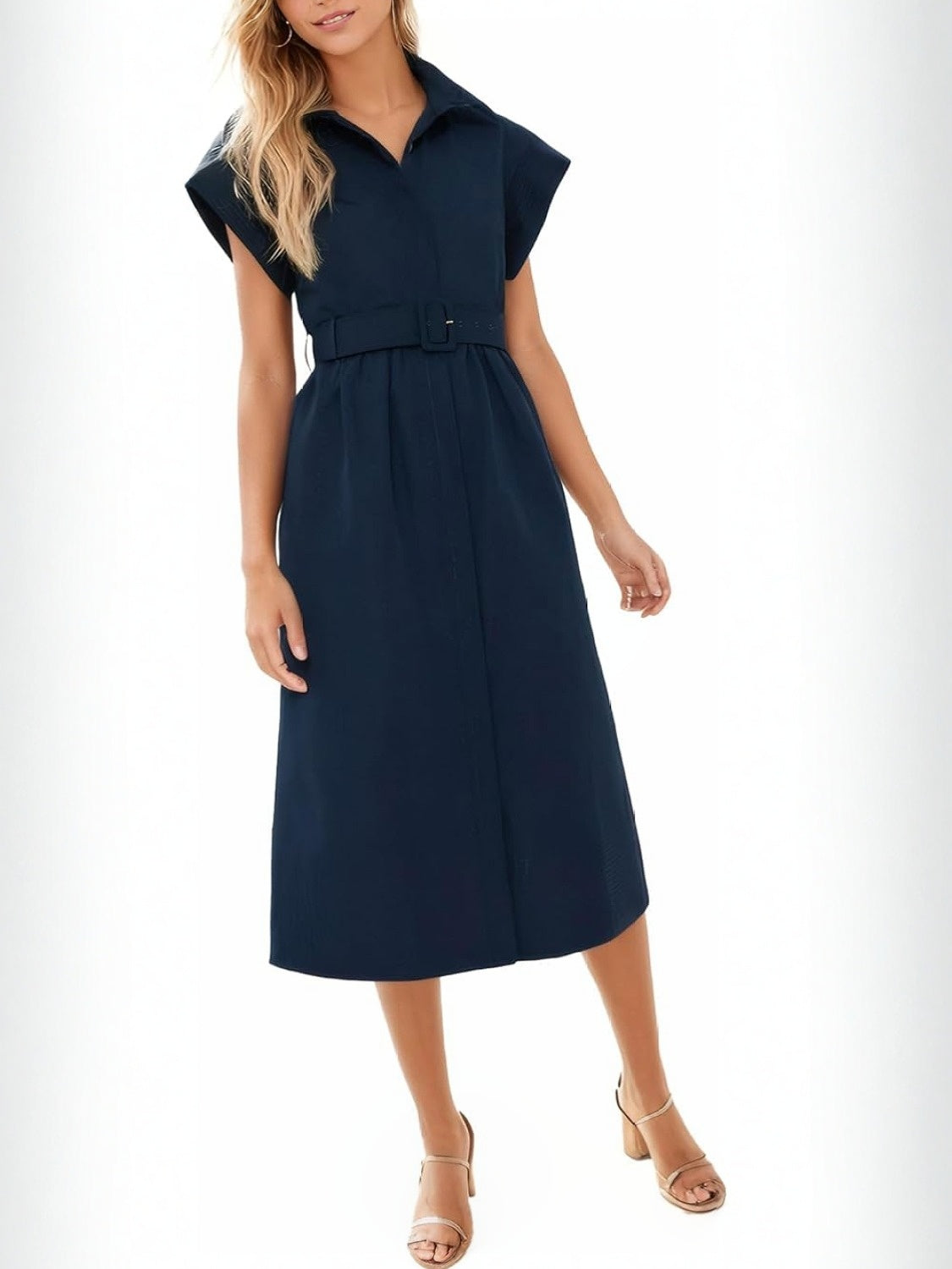 Ezapine Button Front Midi Dress With Belt