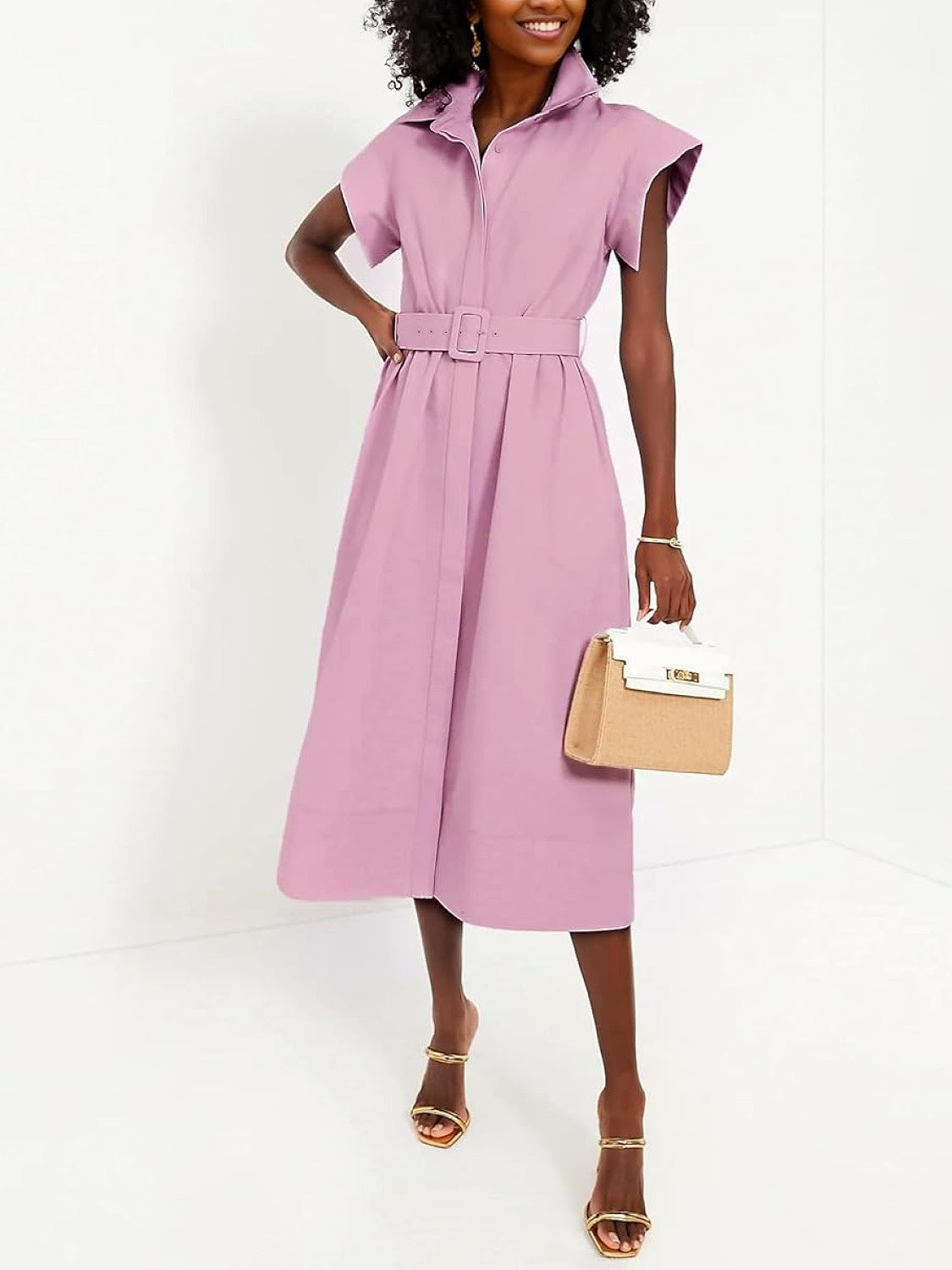 Ezapine Button Front Midi Dress With Belt