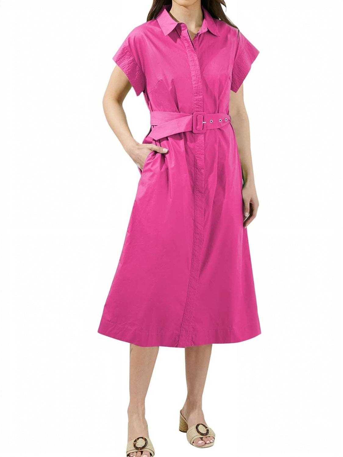 Ezapine Button Front Midi Dress With Belt