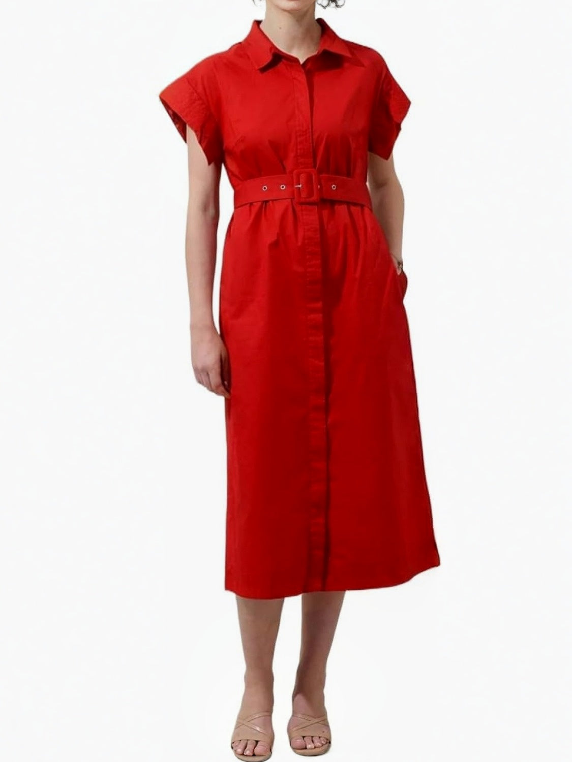 Ezapine Button Front Midi Dress With Belt