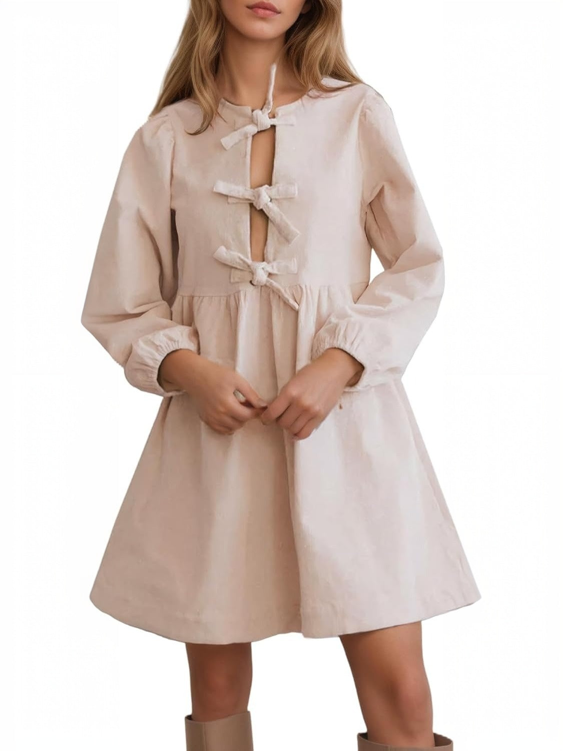 Kedera Bow Tie Corduroy Babydoll Dress