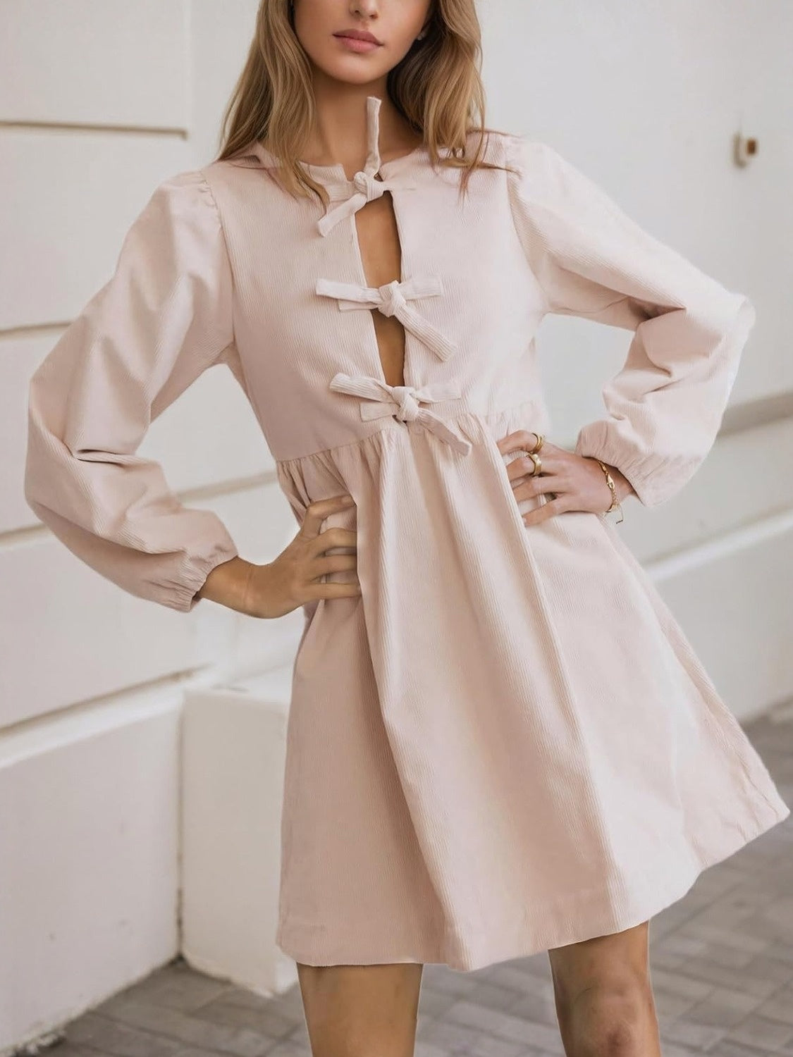 Kedera Bow Tie Corduroy Babydoll Dress