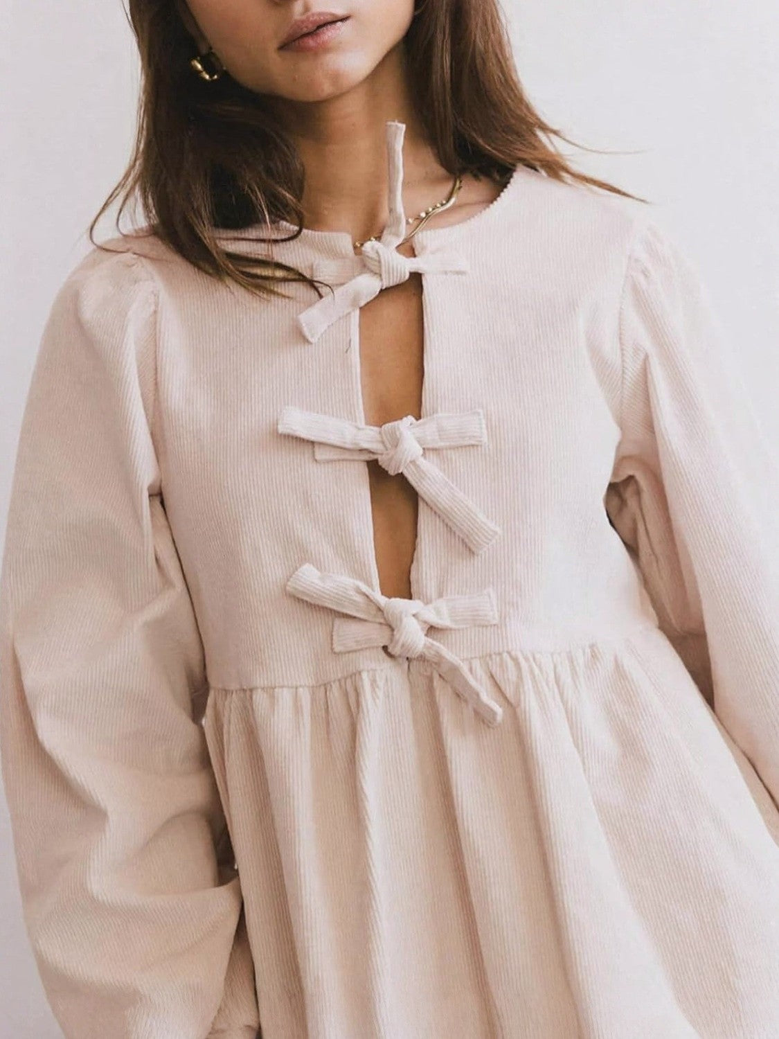 Kedera Bow Tie Corduroy Babydoll Dress