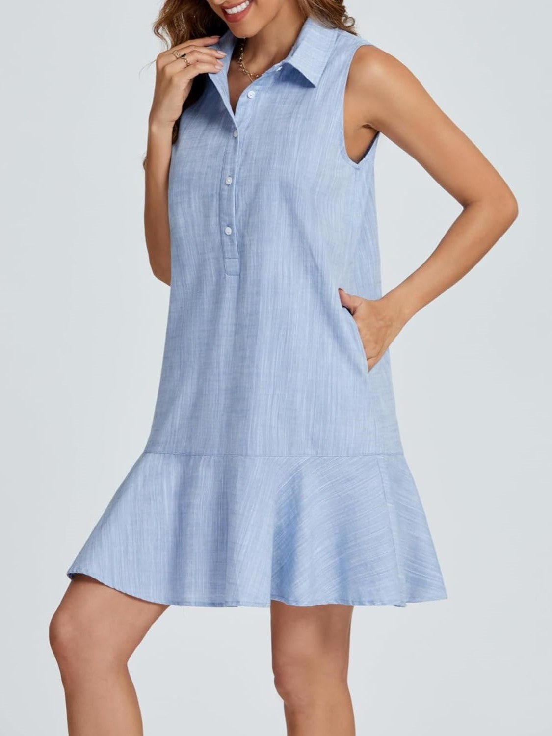 Ezapine V-neck Cotton And Linen Shirt Sleeveless Dress