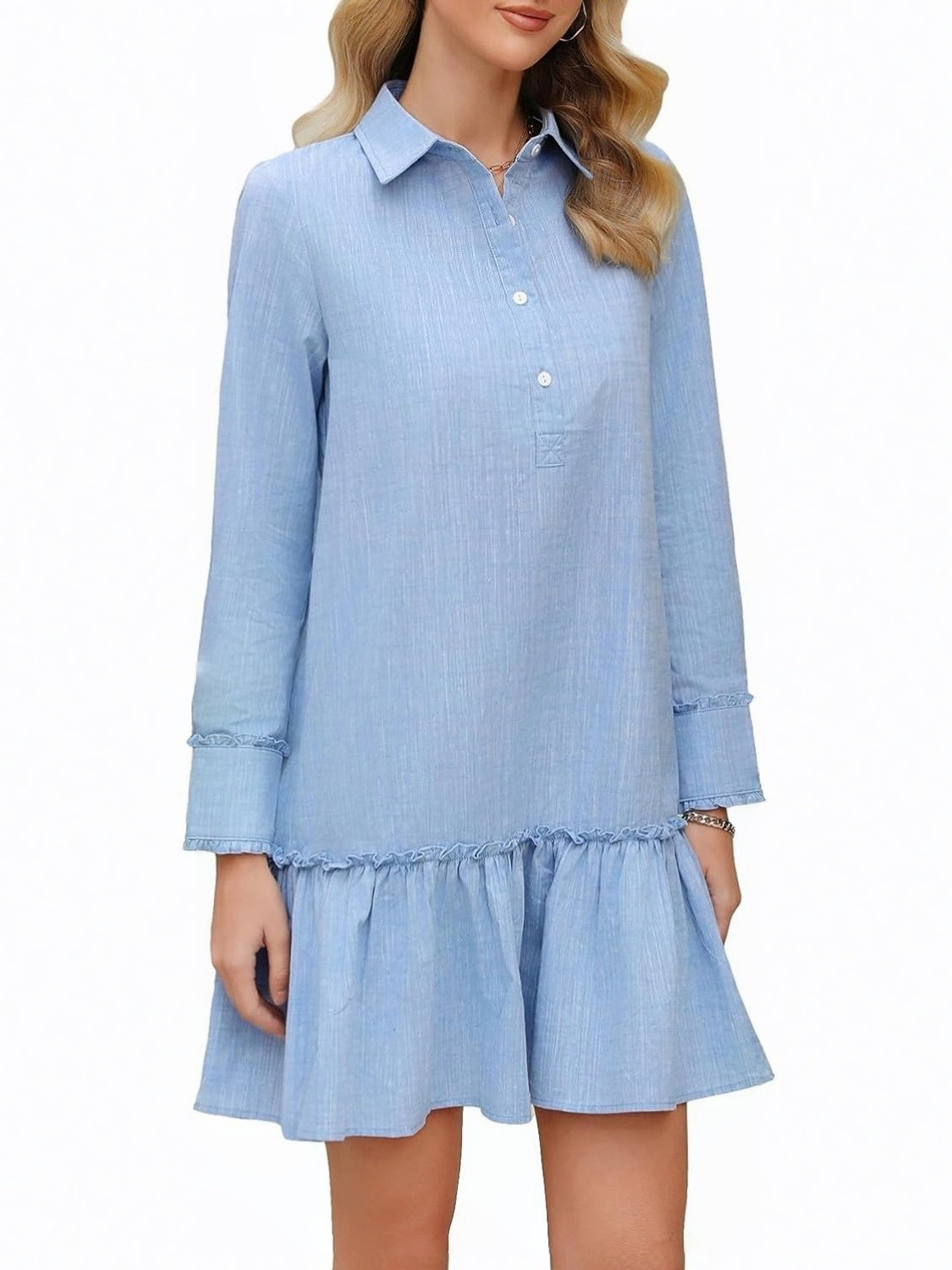 Yexpine Long Sleeve Cotton Ruffle Shift Dress