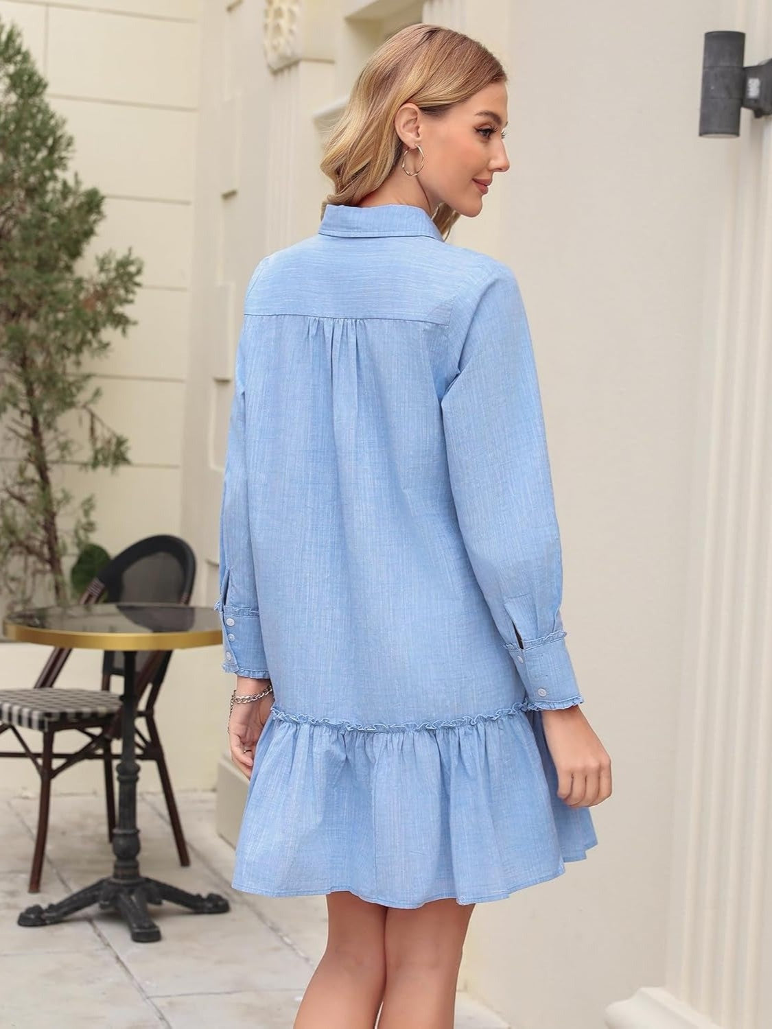 Yexpine Long Sleeve Cotton Ruffle Shift Dress
