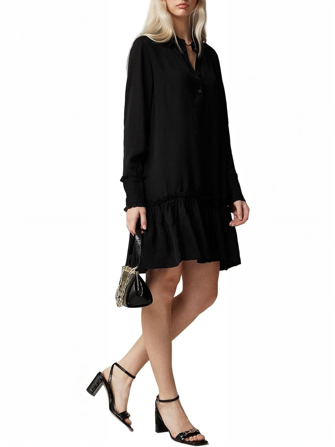 Yexpine Long Sleeve Cotton Ruffle Shift Dress
