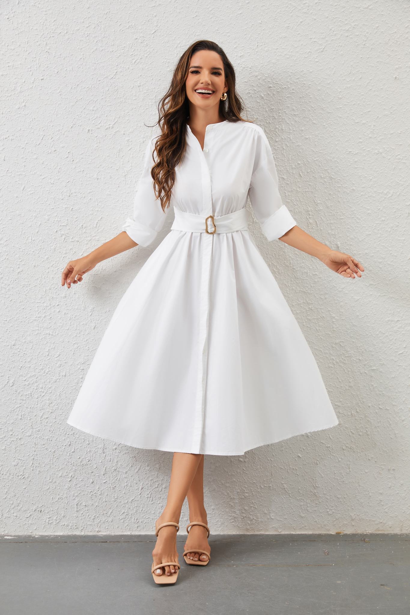 Ezabutus White Cotton Belted Round Collar Midi Shirt Dress
