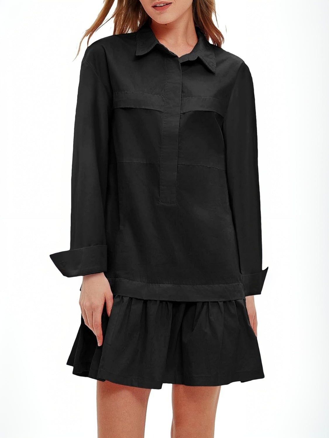 Yexpine Cotton Drop Waist Shirt Dress With Pockets