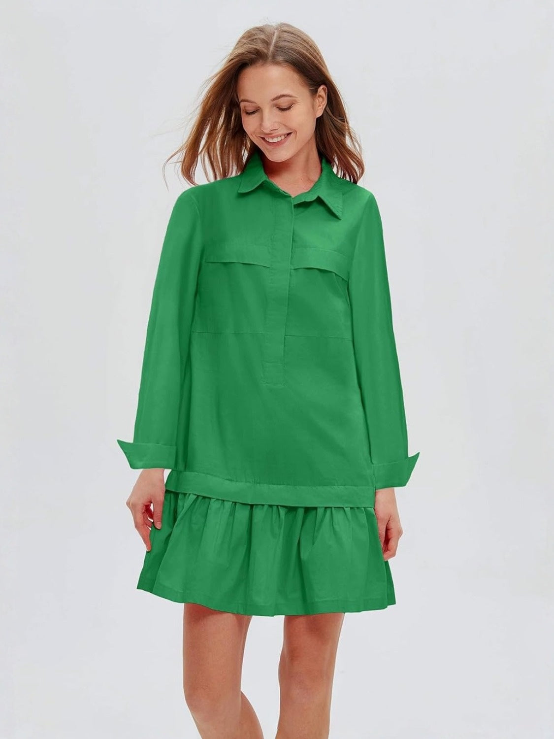 Yexpine Cotton Drop Waist Shirt Dress With Pockets
