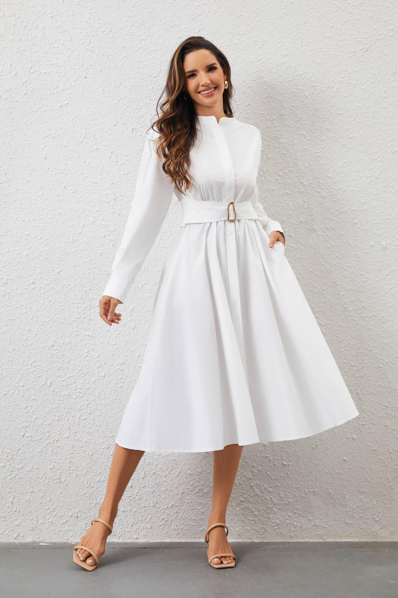 Ezabutus White Cotton Belted Round Collar Midi Shirt Dress