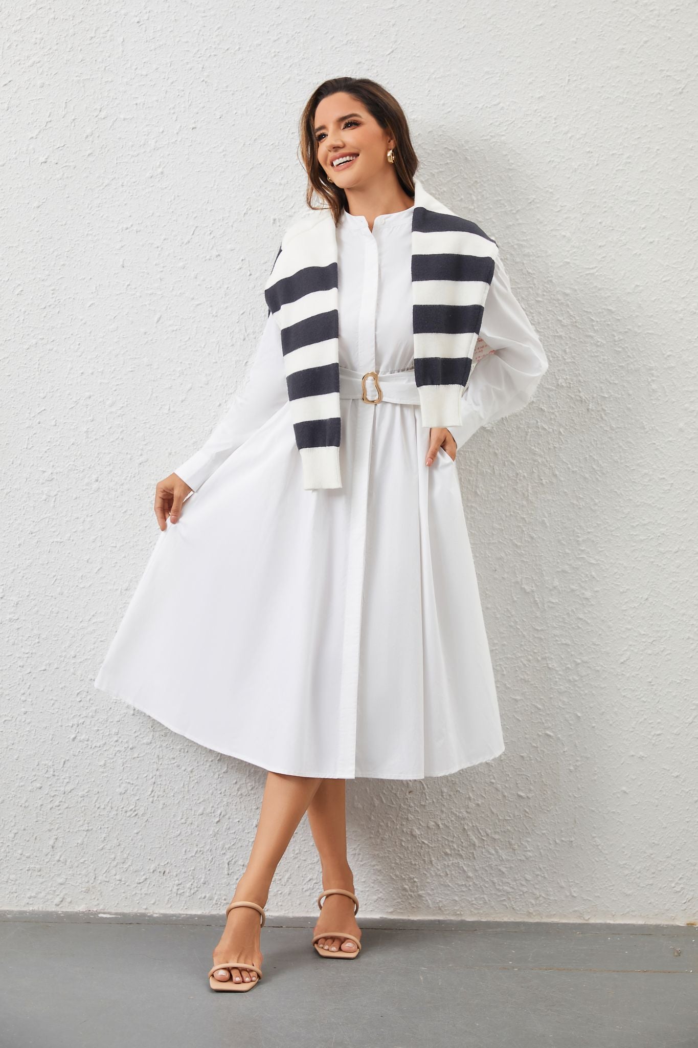 Ezabutus White Cotton Belted Round Collar Midi Shirt Dress