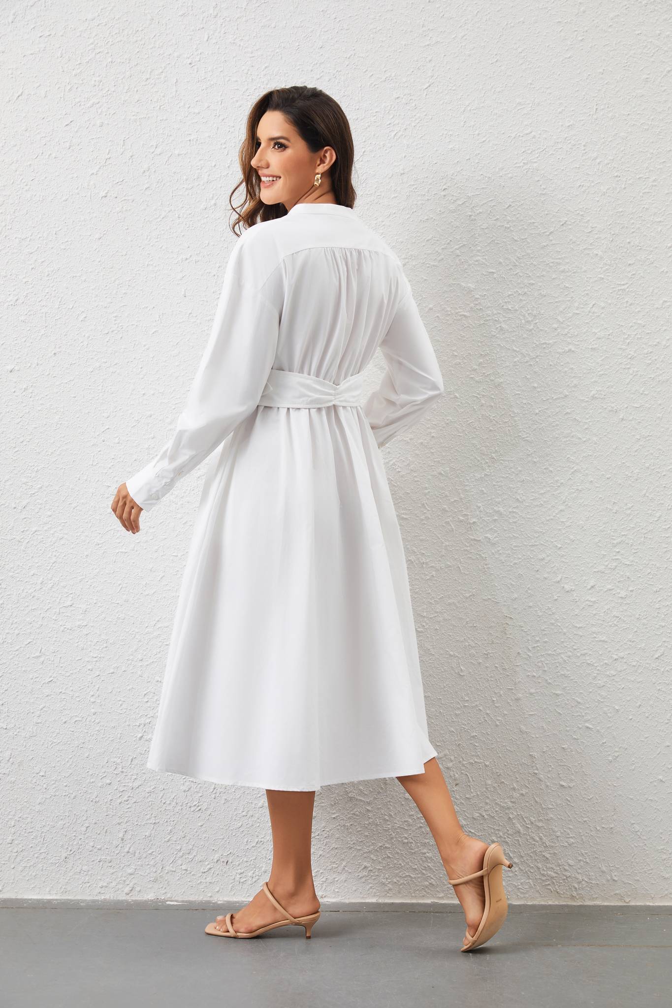 Ezabutus White Cotton Belted Round Collar Midi Shirt Dress