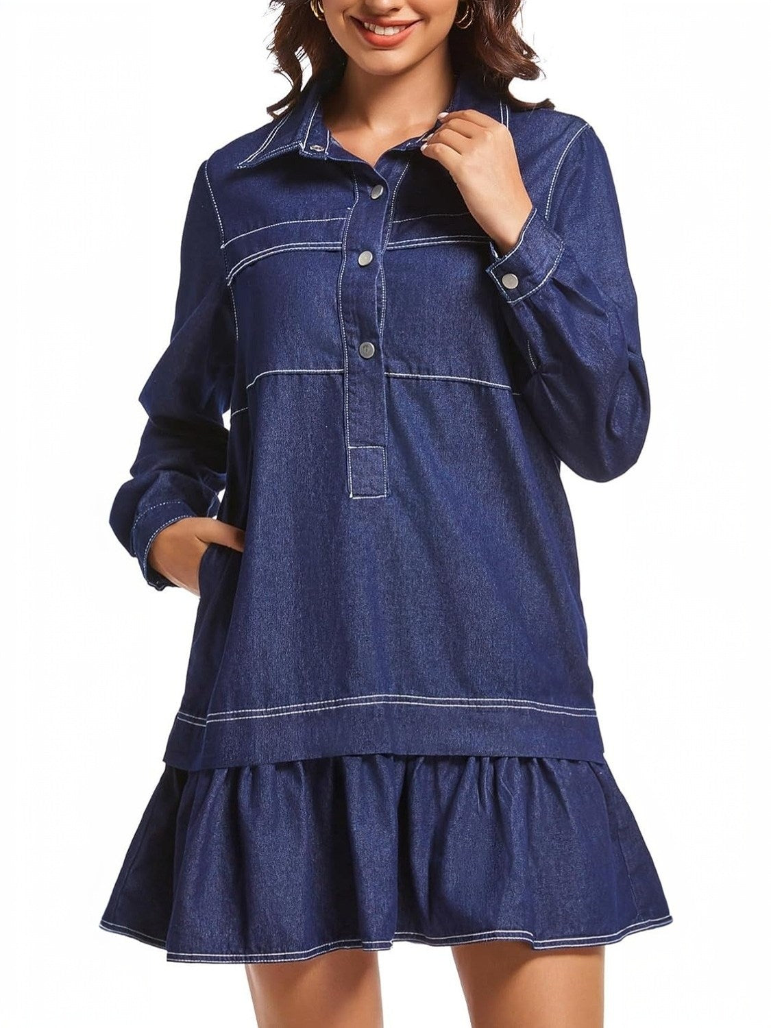 Yexpine Cotton Drop Waist Shirt Dress With Pockets