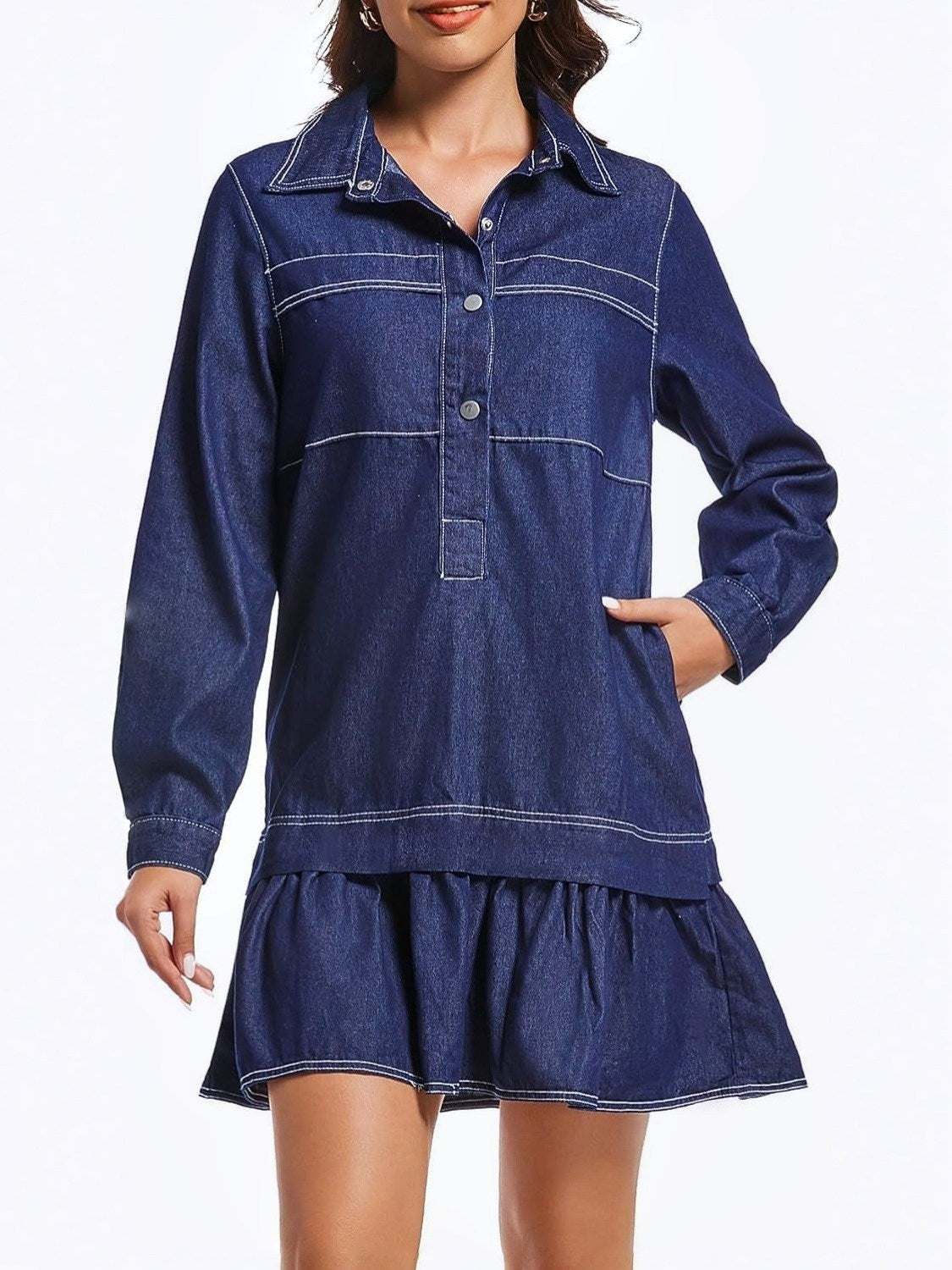 Yexpine Cotton Drop Waist Shirt Dress With Pockets