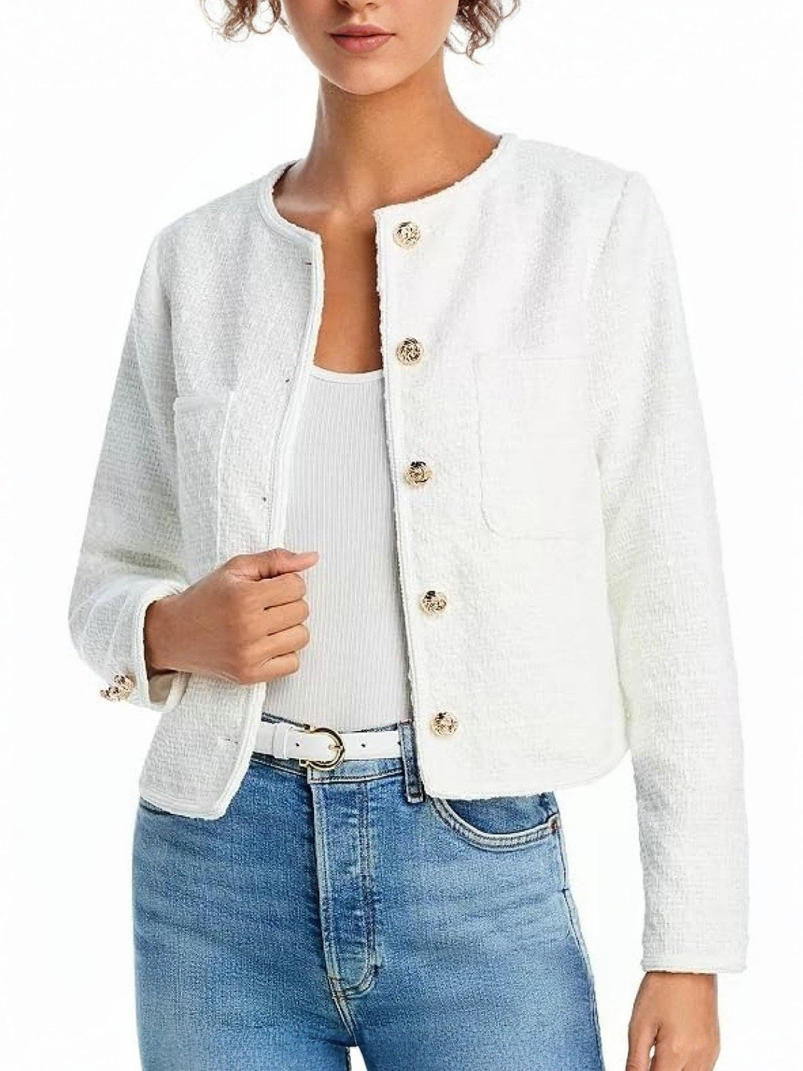 Ezapine Button Up Tweed Cropped Blazer