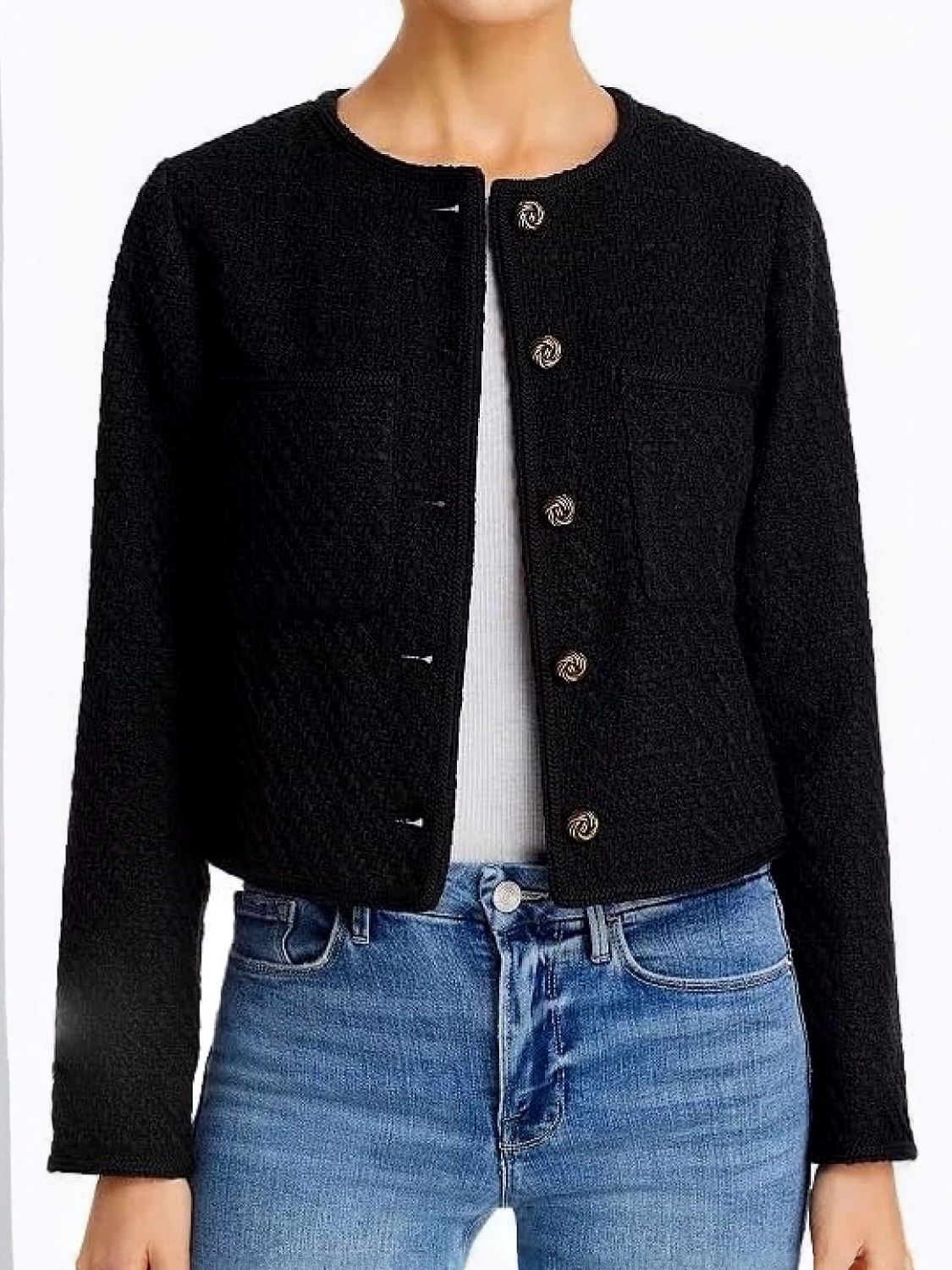 Ezapine Button Up Tweed Cropped Blazer