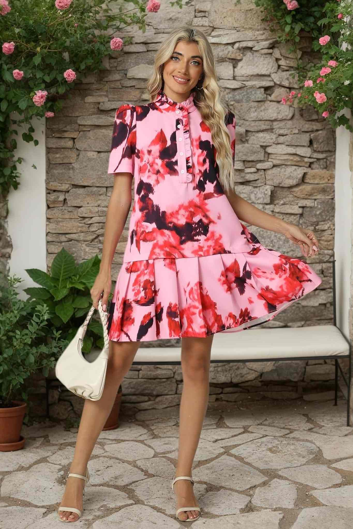 Ezapine Vintage Elegance Floral Puff Sleeve Drop Waist Pleated Dress
