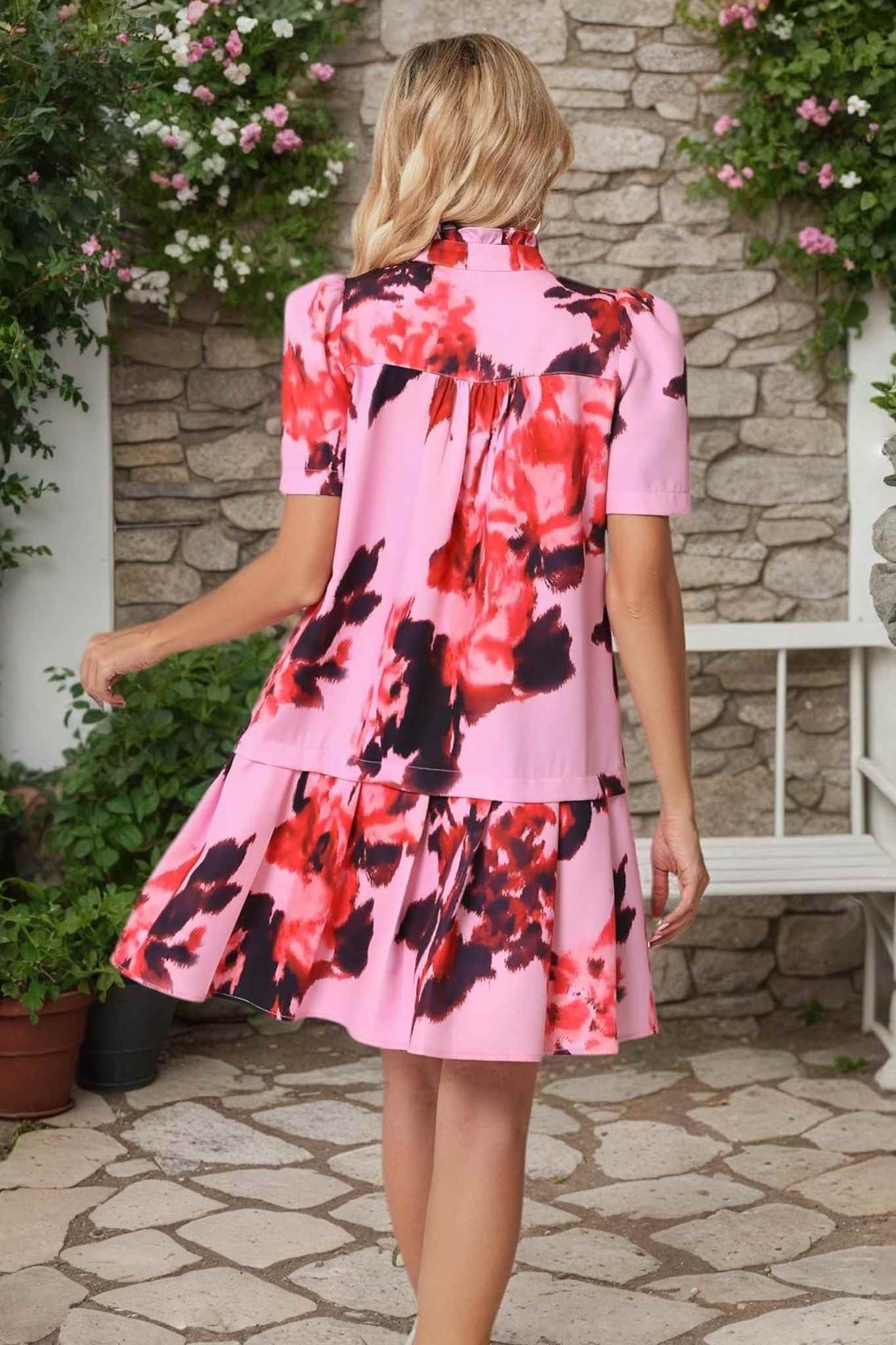 Ezapine Vintage Elegance Floral Puff Sleeve Drop Waist Pleated Dress