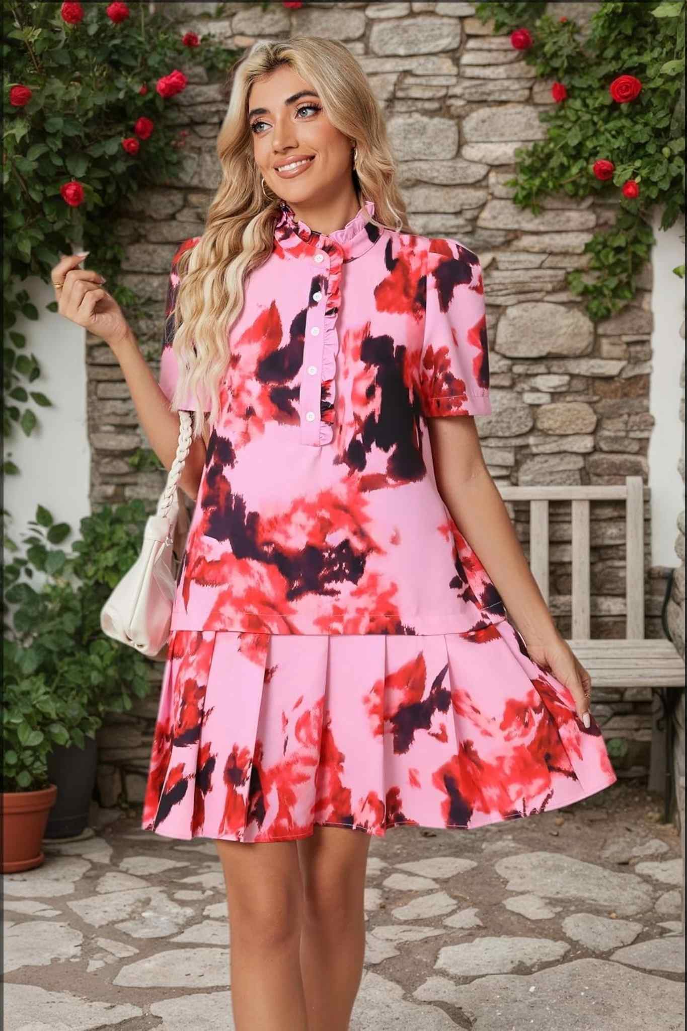 Ezapine Vintage Elegance Floral Puff Sleeve Drop Waist Pleated Dress