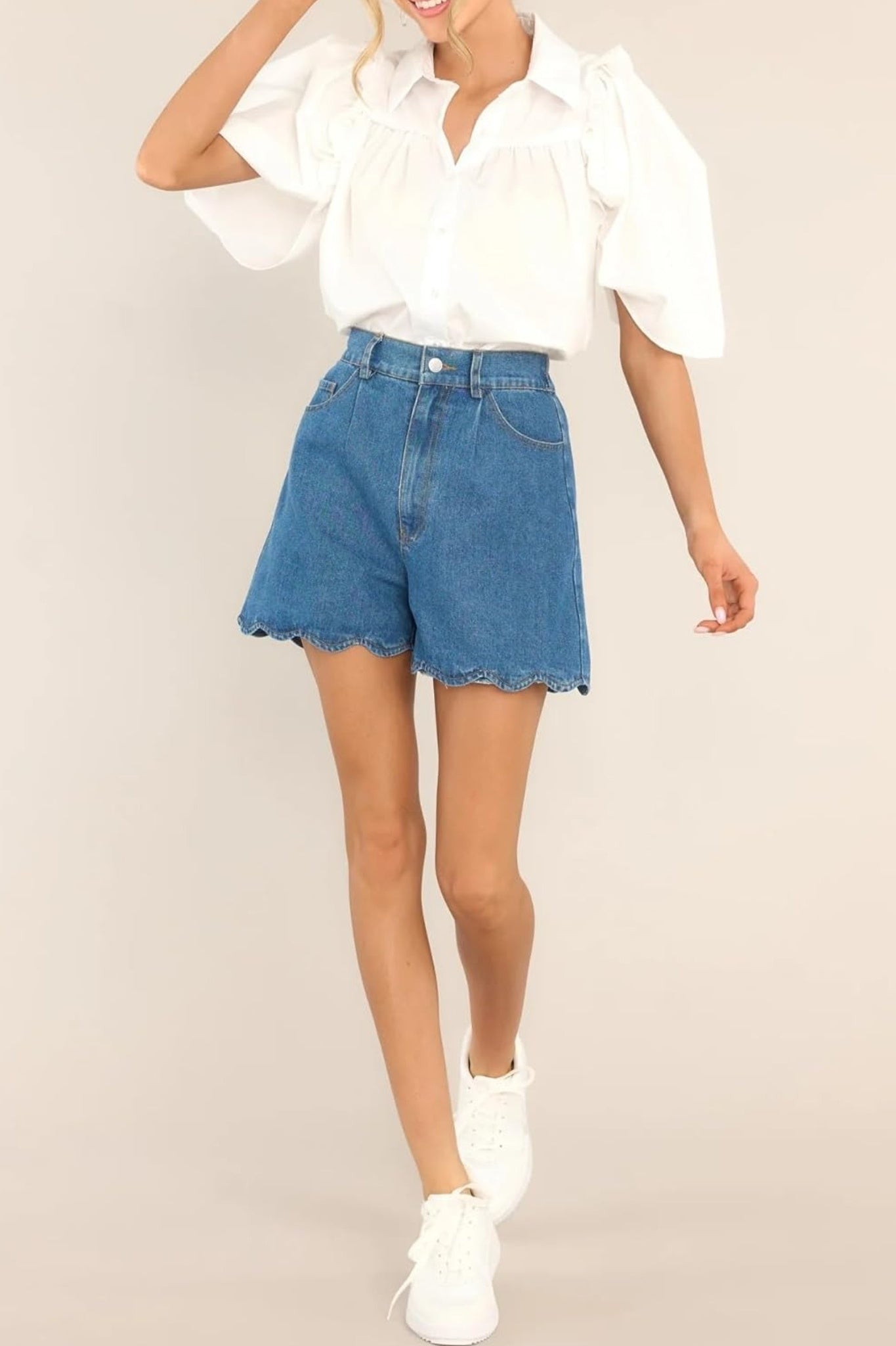 Ezapine Sweet Scallop High Waisted Wide Leg Denim Shorts