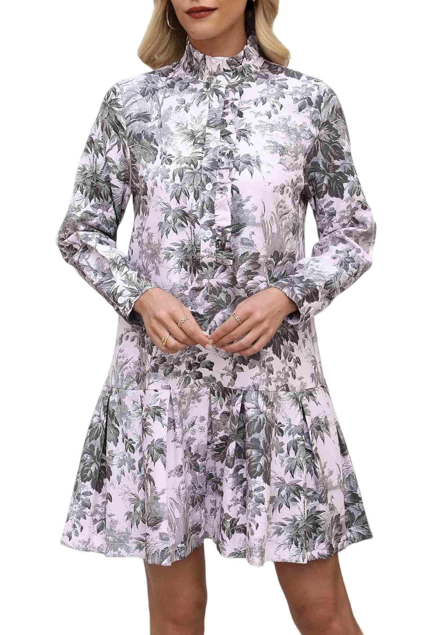 Ezapine Vintage Floral Print Ruffle Neck Pleated Tea Dress