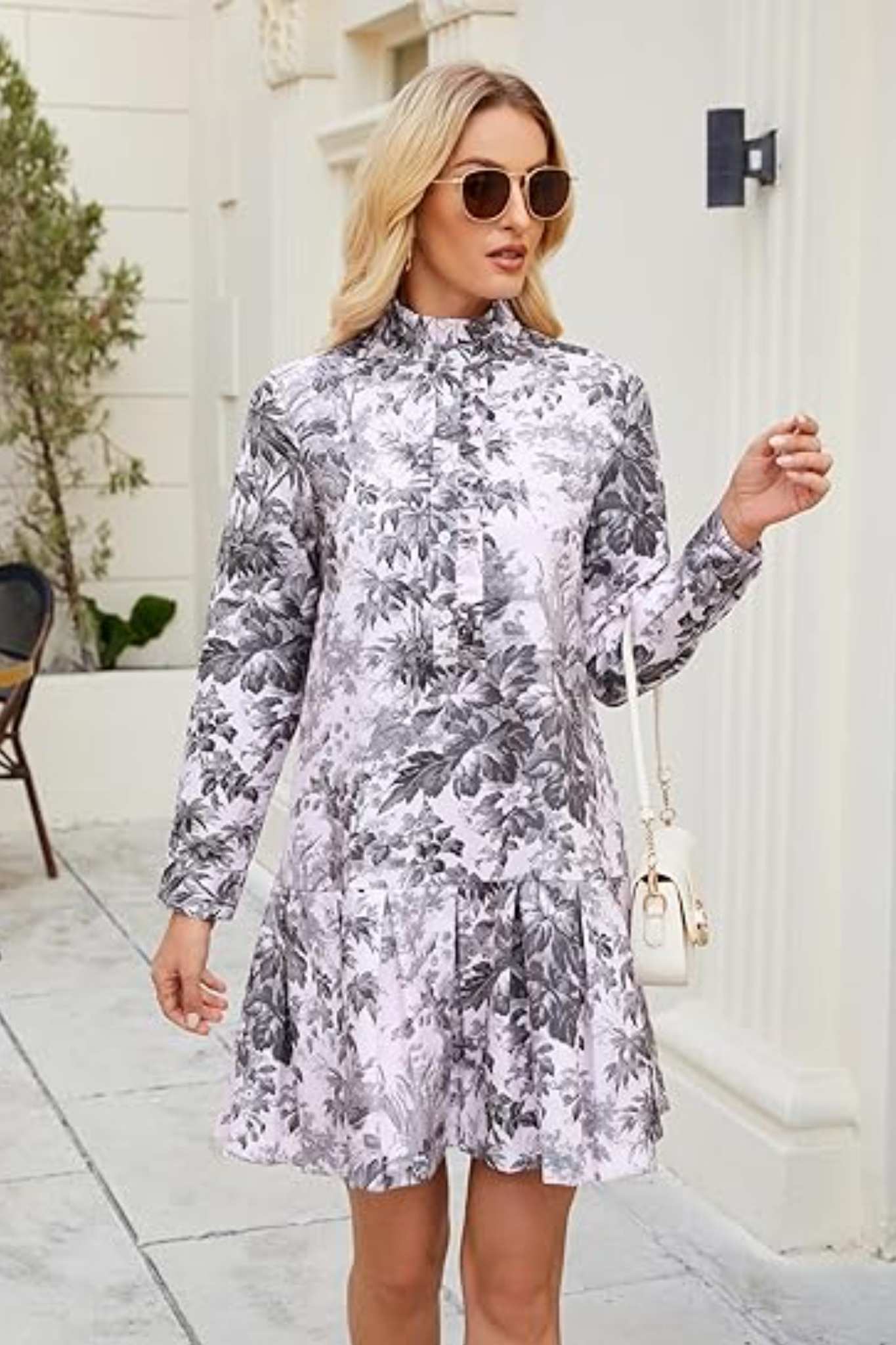 Ezapine Vintage Floral Print Ruffle Neck Pleated Tea Dress