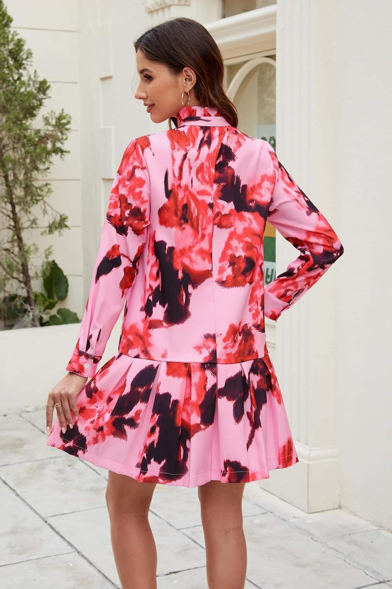 Ezapine Vintage Floral Print Ruffle Neck Pleated Tea Dress