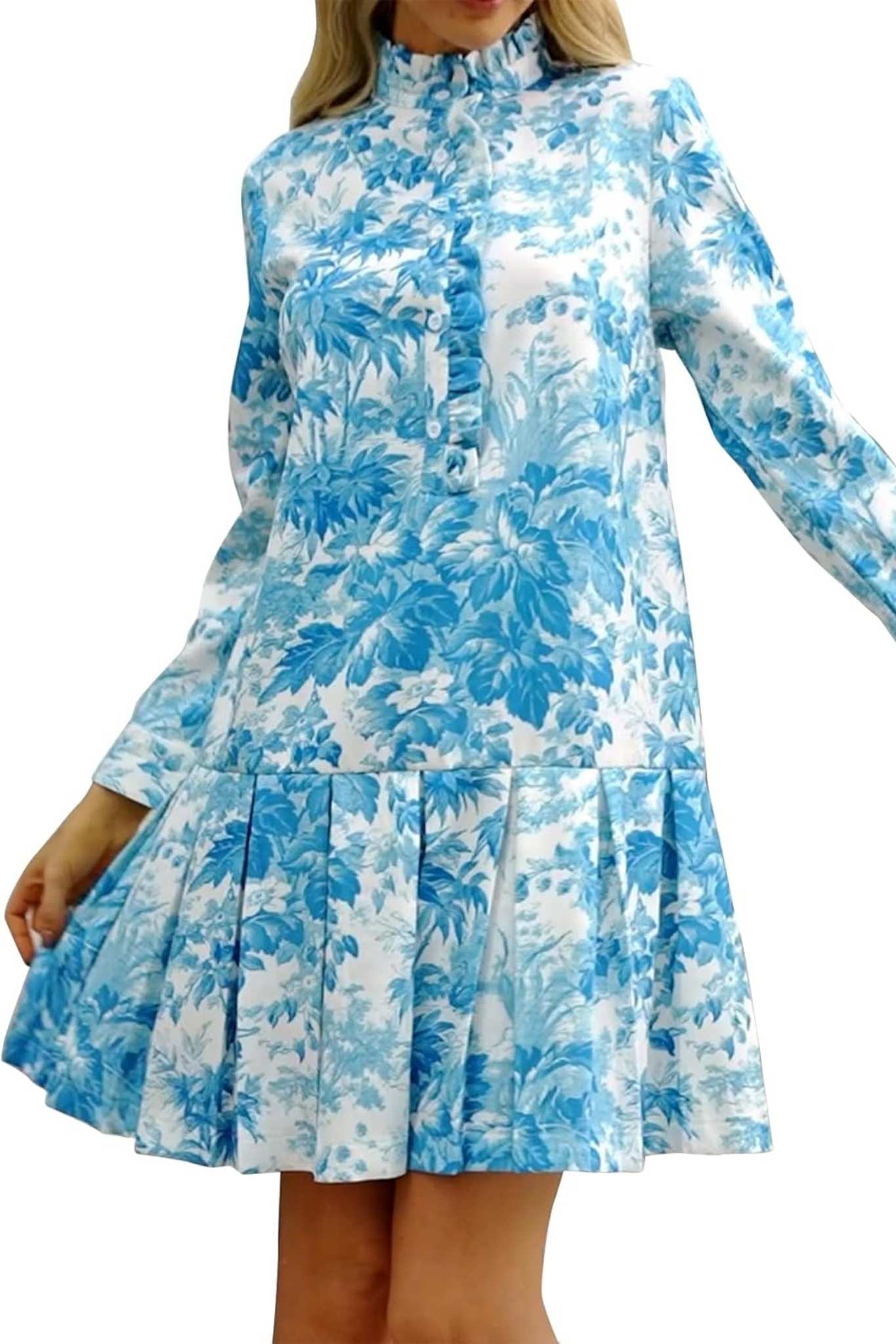 Ezapine Vintage Floral Print Ruffle Neck Pleated Tea Dress