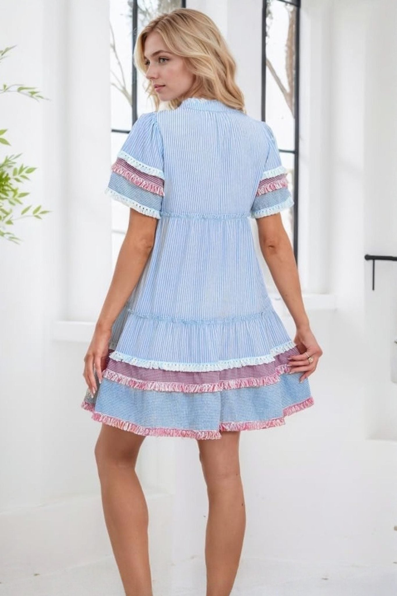 Ezapine Fringe Hem Flowy Striped Mini Dress