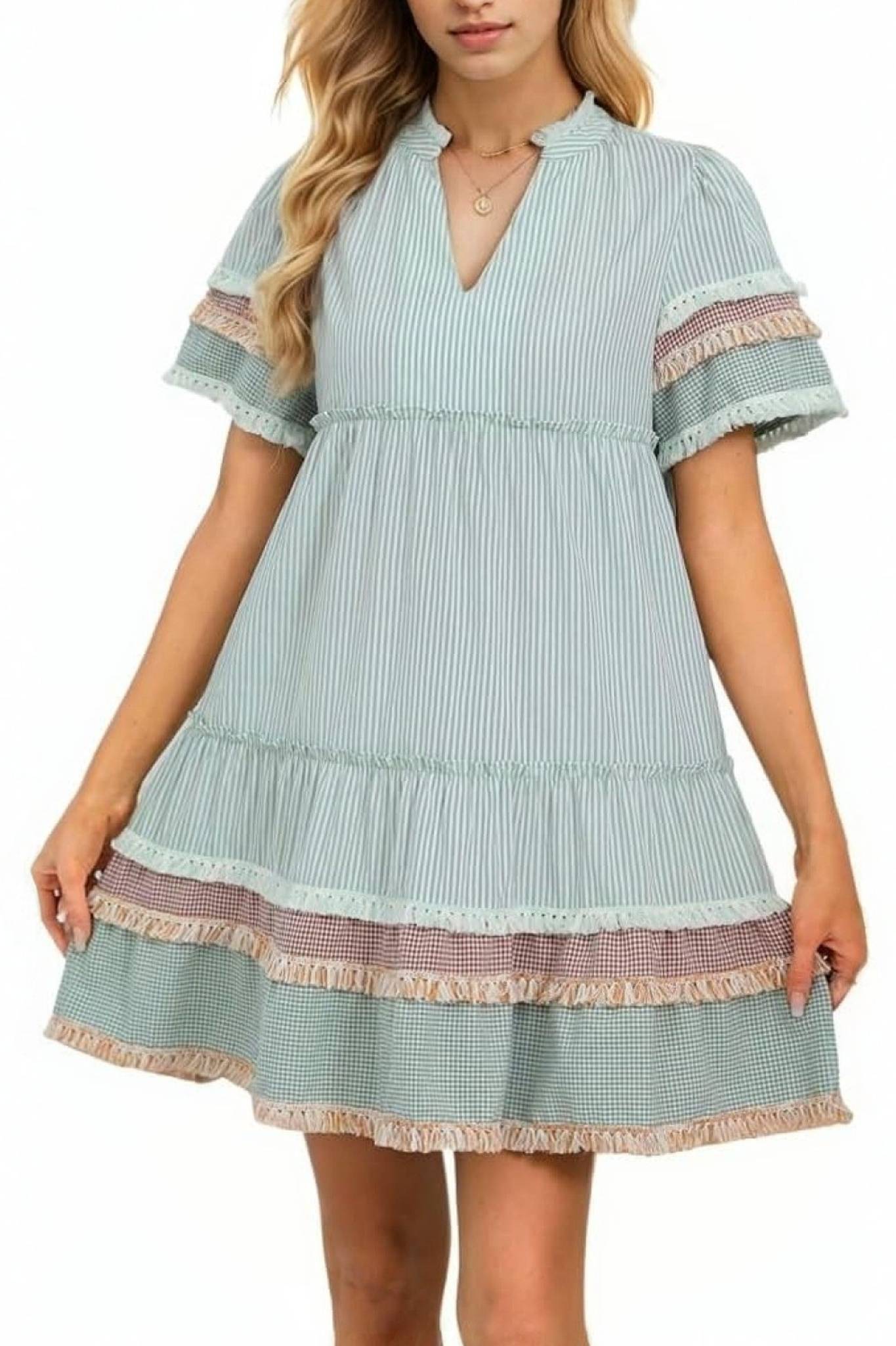 Ezapine Fringe Hem Flowy Striped Mini Dress
