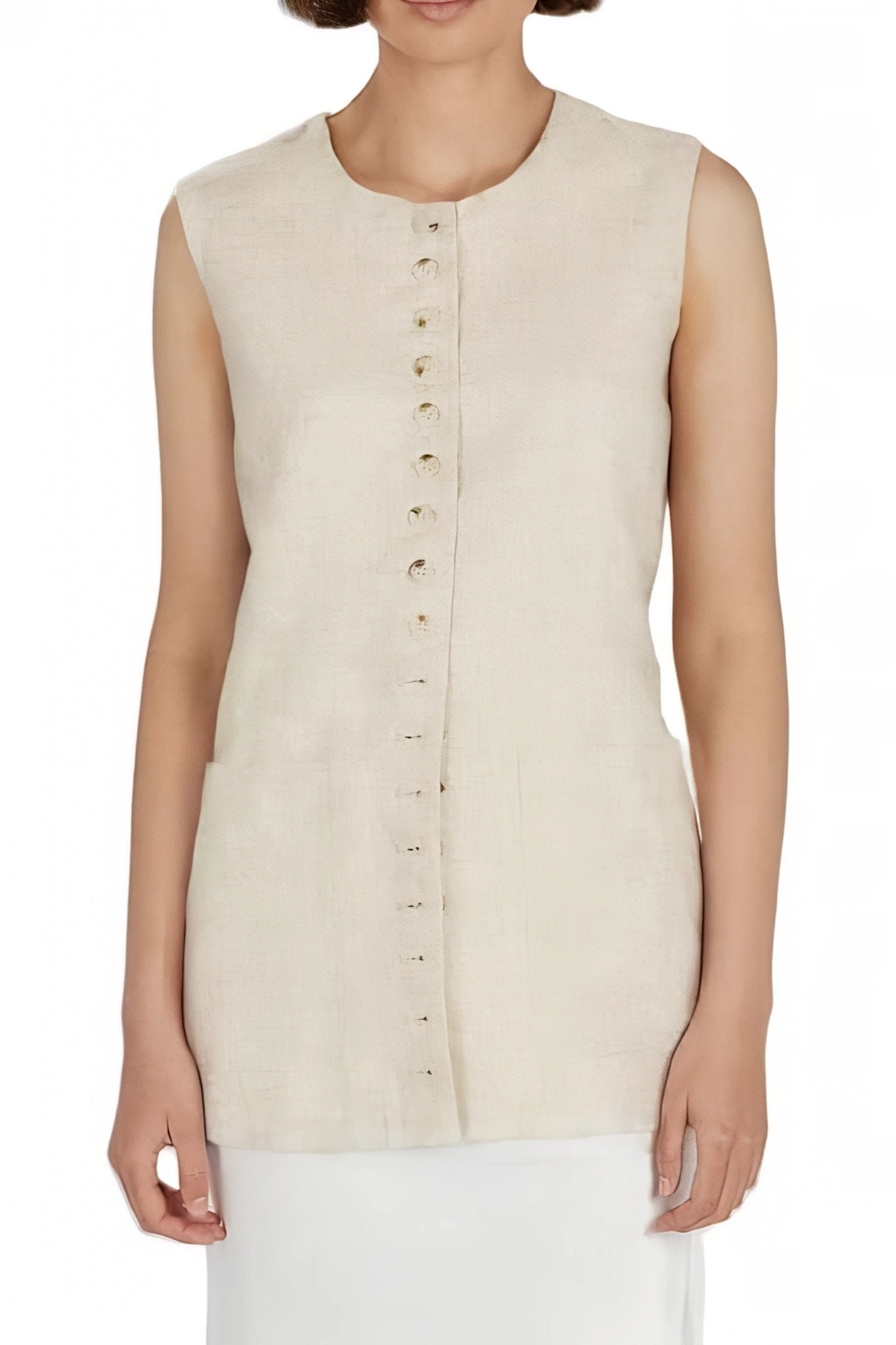 Ezapine Cotton Linen Longline Vest Button Down Sleeveless Tunic Top