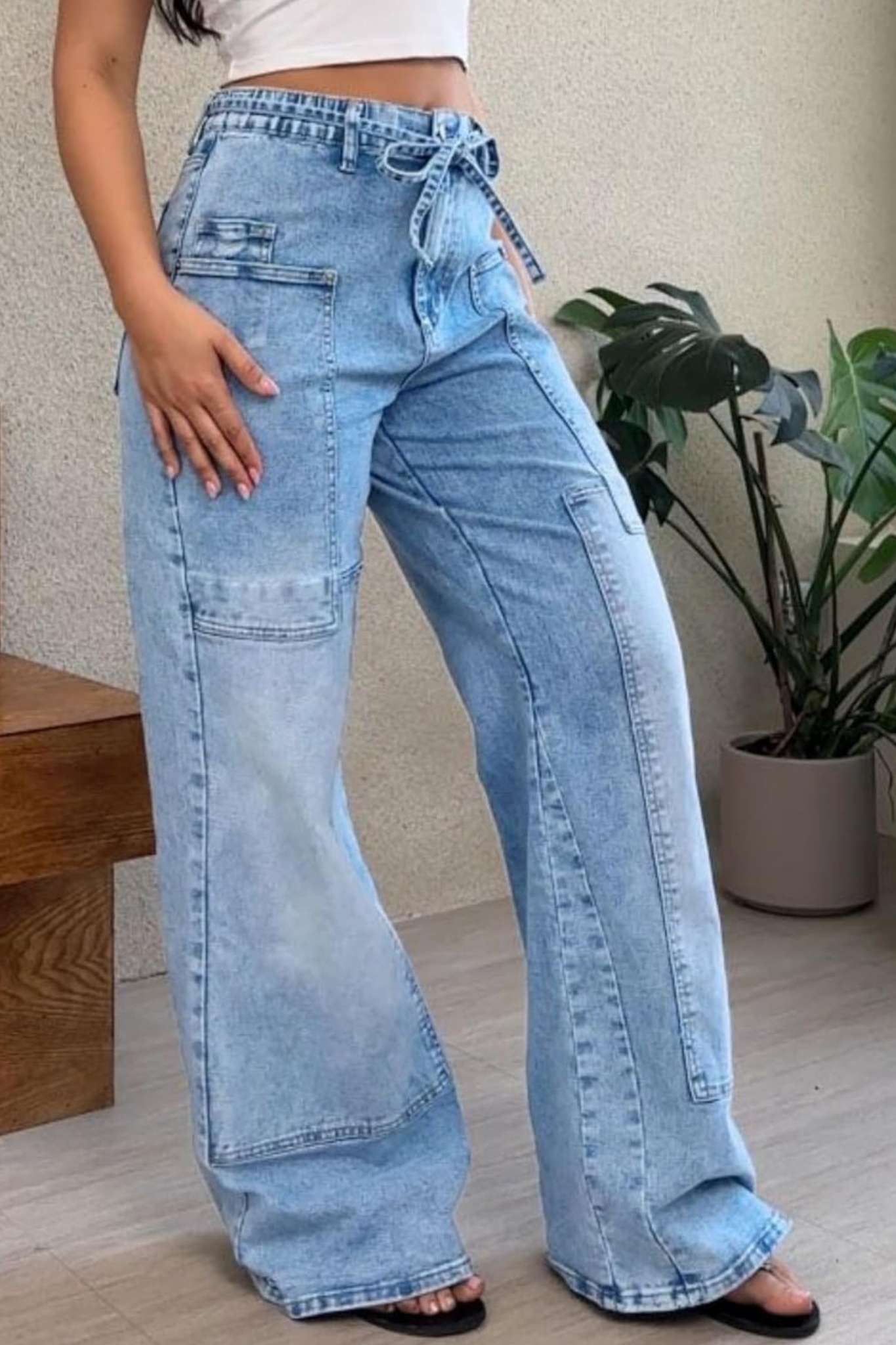 Ezapine Wide Leg Baggy Jeans With Belt