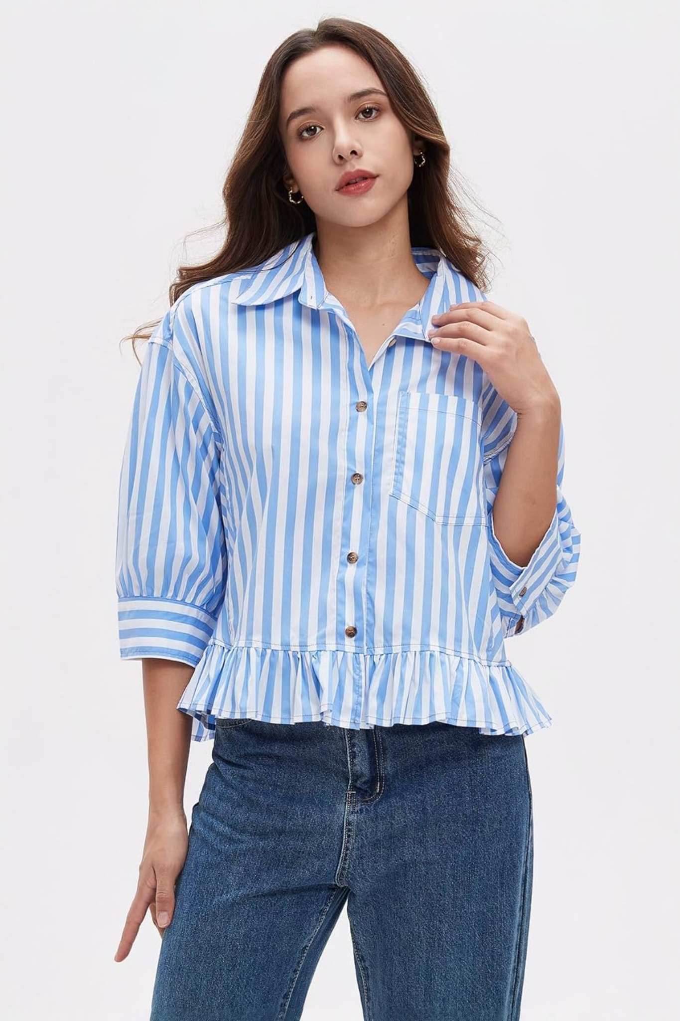 Ezapine Effortless Striped Peplum Button-Down Blouse | 3/4 Sleeve Ruffled Hem Top